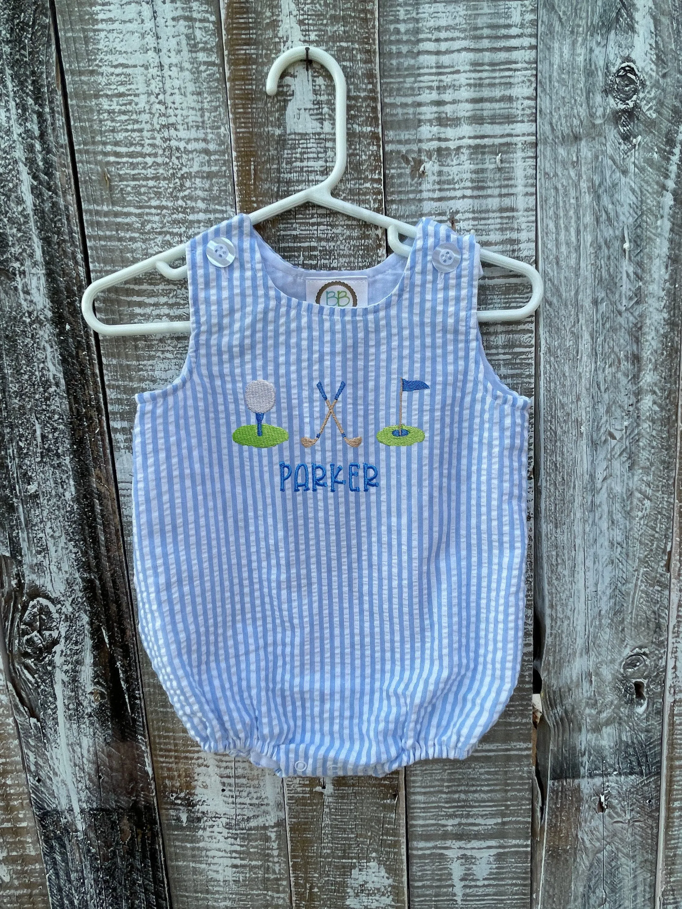 Baby Boy Seersucker Blue Sun Bubble with Name and Golf Trio, Preppy, Embroidered, Personalize Baby Shower Gift, Baby Gift