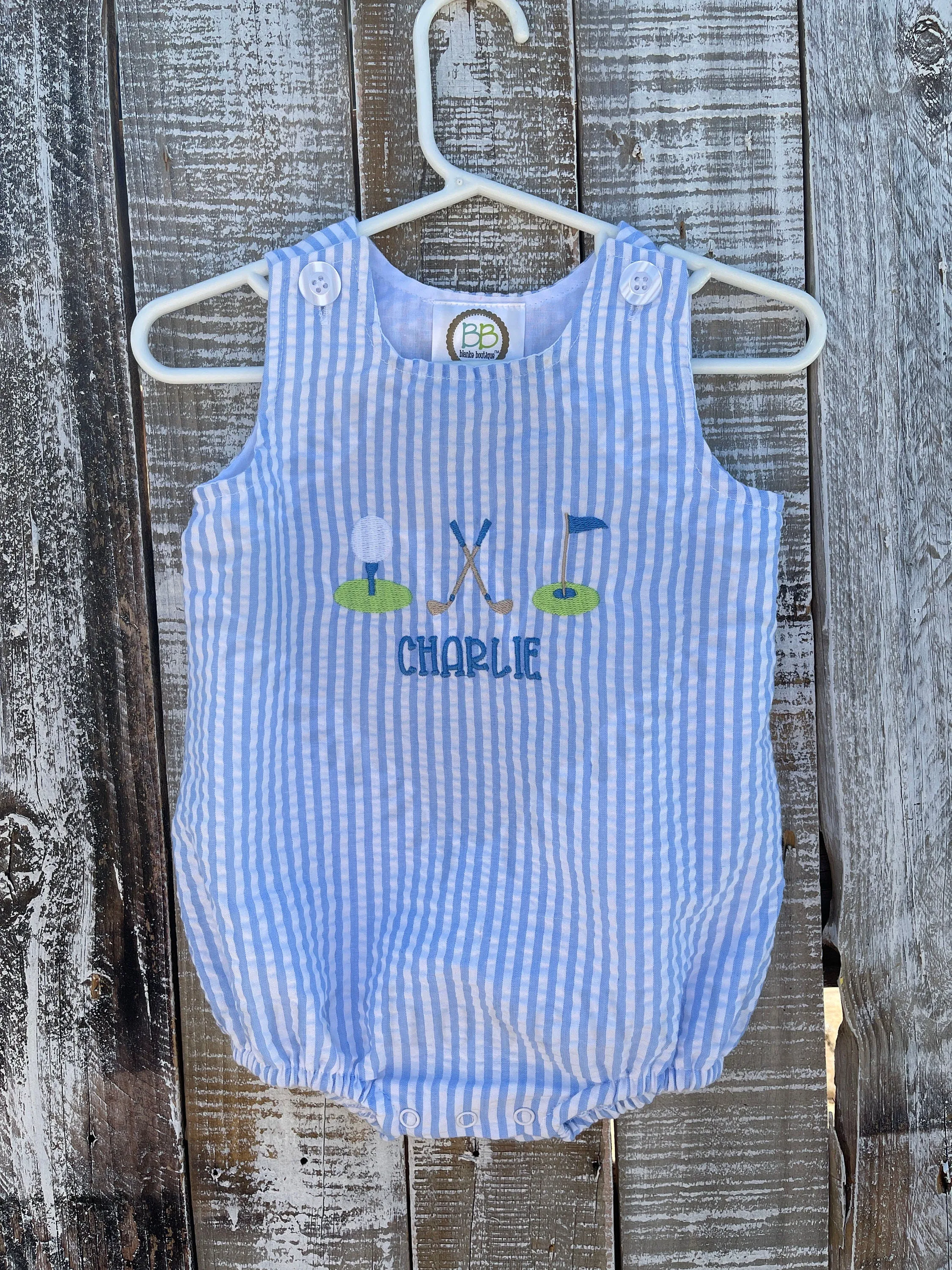 Baby Boy Seersucker Blue Sun Bubble with Name and Golf Trio, Preppy, Embroidered, Personalize Baby Shower Gift, Baby Gift
