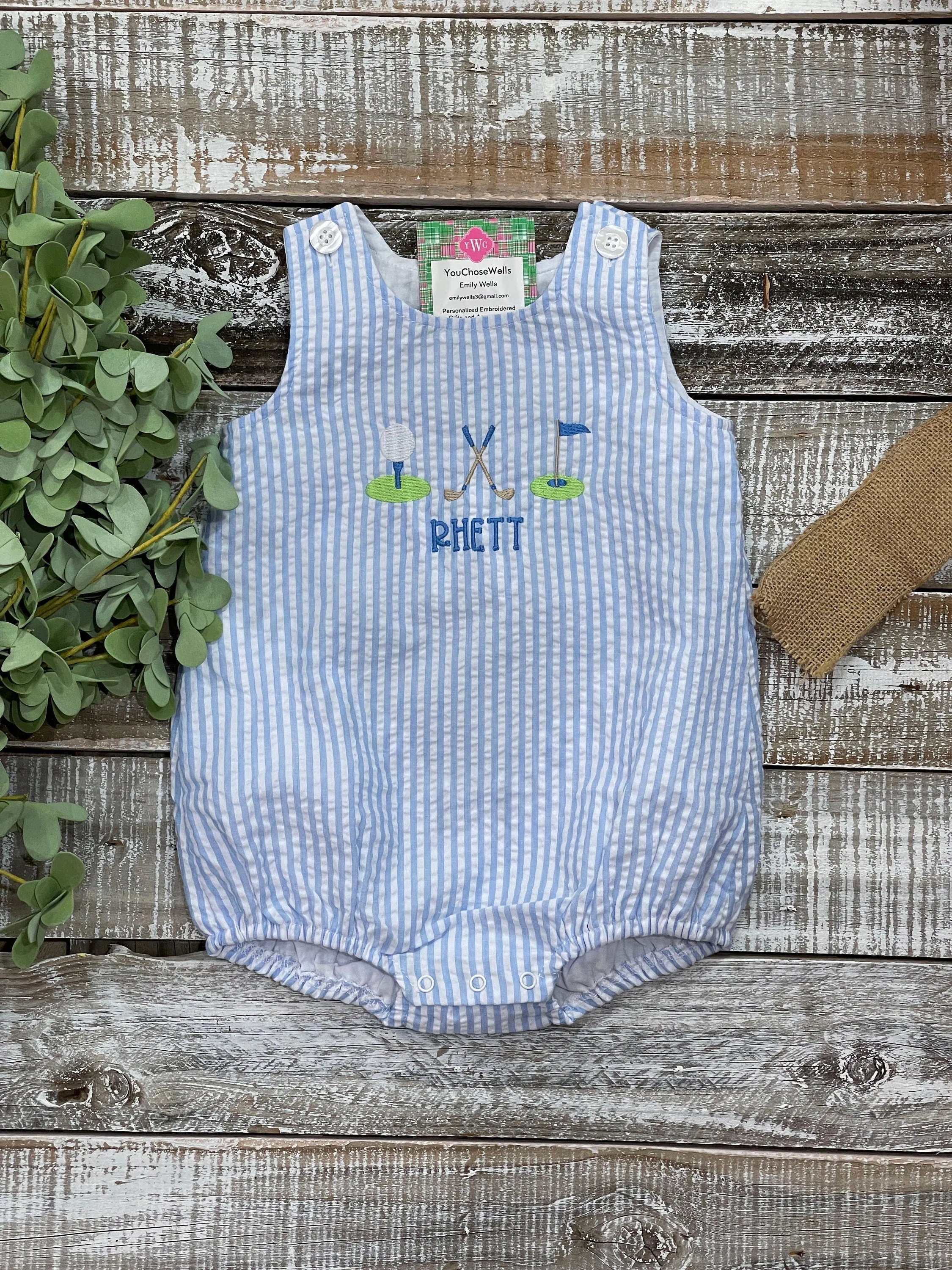 Baby Boy Seersucker Blue Sun Bubble with Name and Golf Trio, Preppy, Embroidered, Personalize Baby Shower Gift, Baby Gift