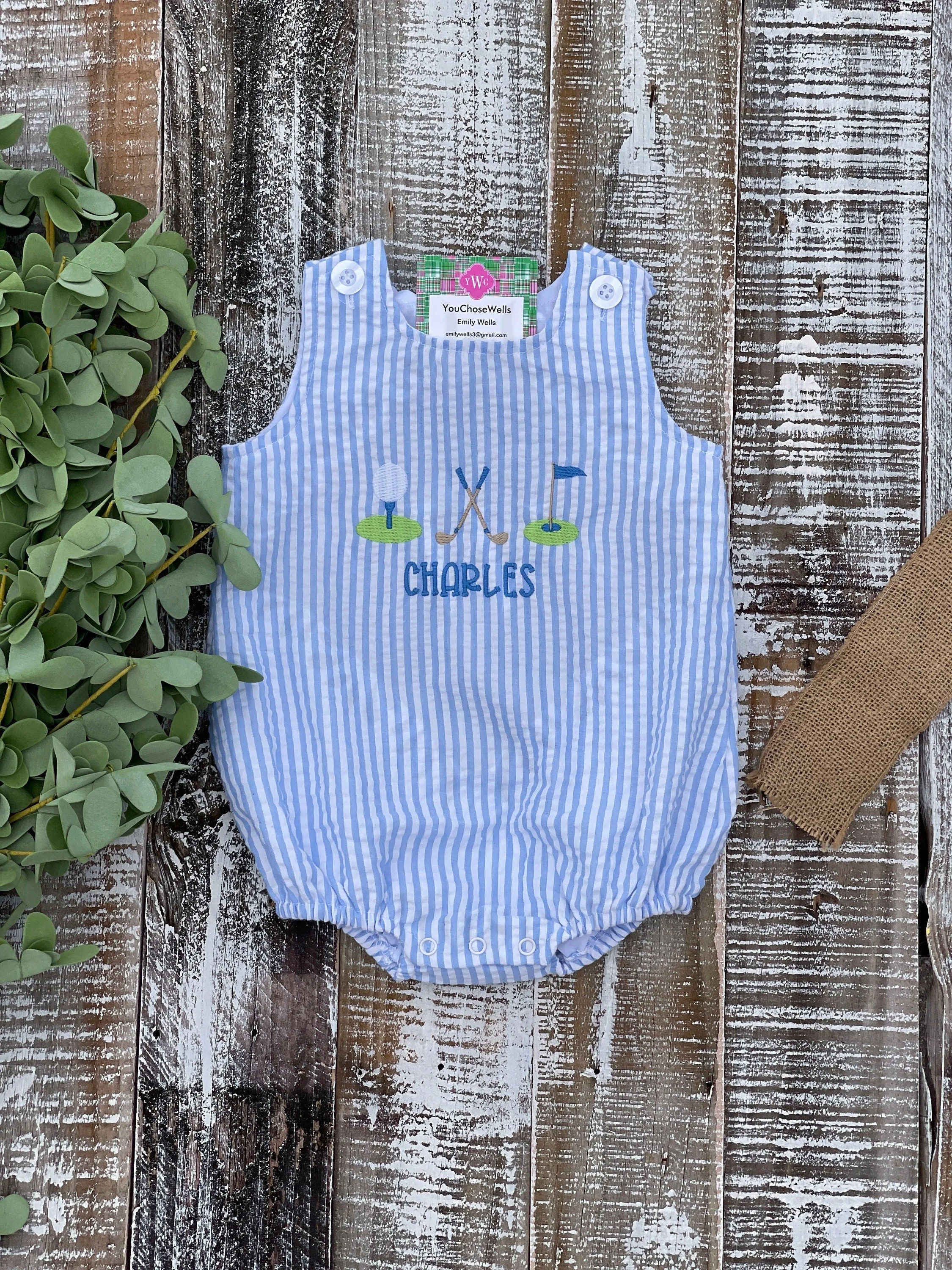 Baby Boy Seersucker Blue Sun Bubble with Name and Golf Trio, Preppy, Embroidered, Personalize Baby Shower Gift, Baby Gift