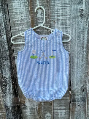 Baby Boy Seersucker Blue Sun Bubble with Name and Golf Trio, Preppy, Embroidered, Personalize Baby Shower Gift, Baby Gift