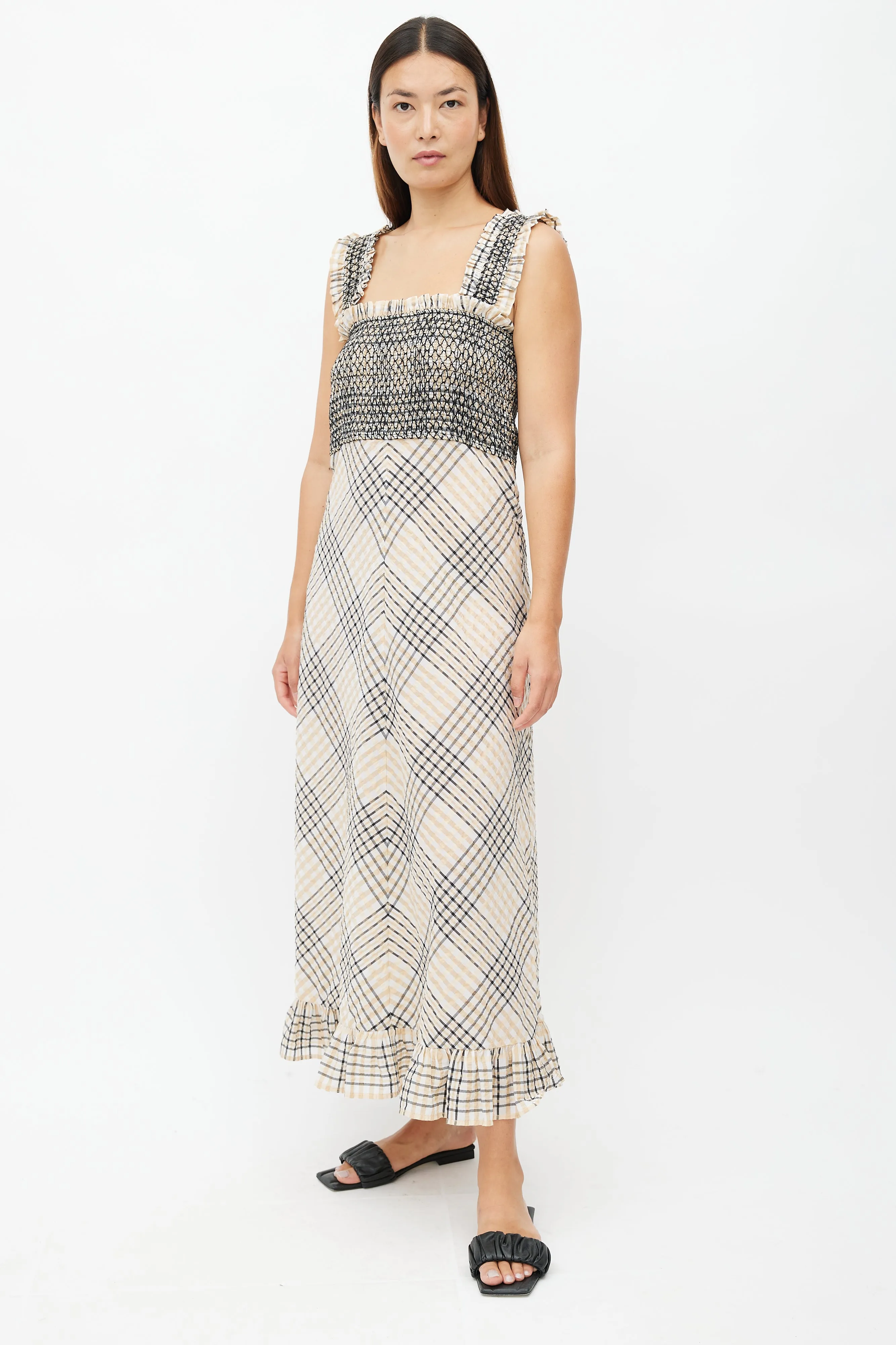 Beige & Multicolour Plaid Seersucker Dress