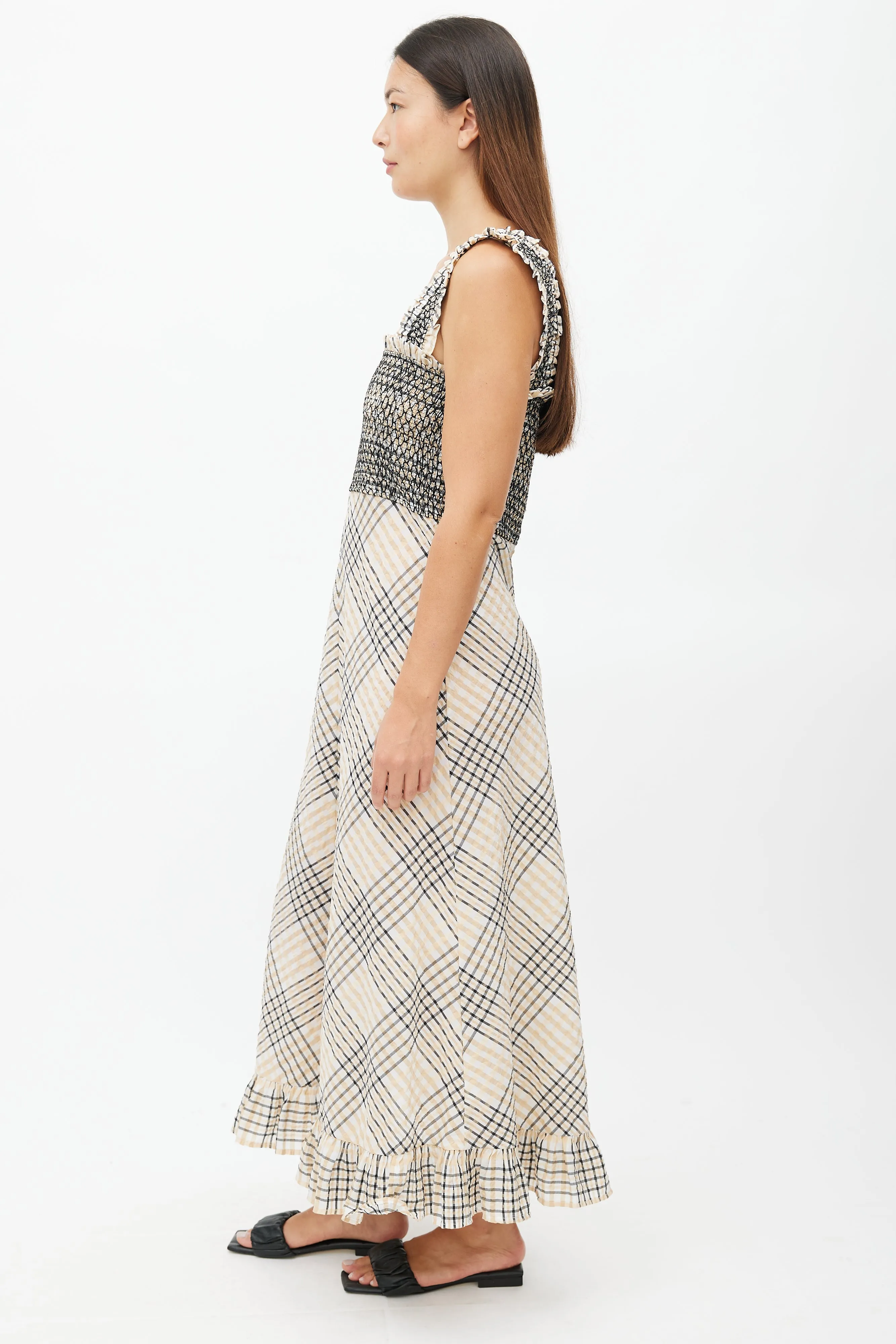 Beige & Multicolour Plaid Seersucker Dress