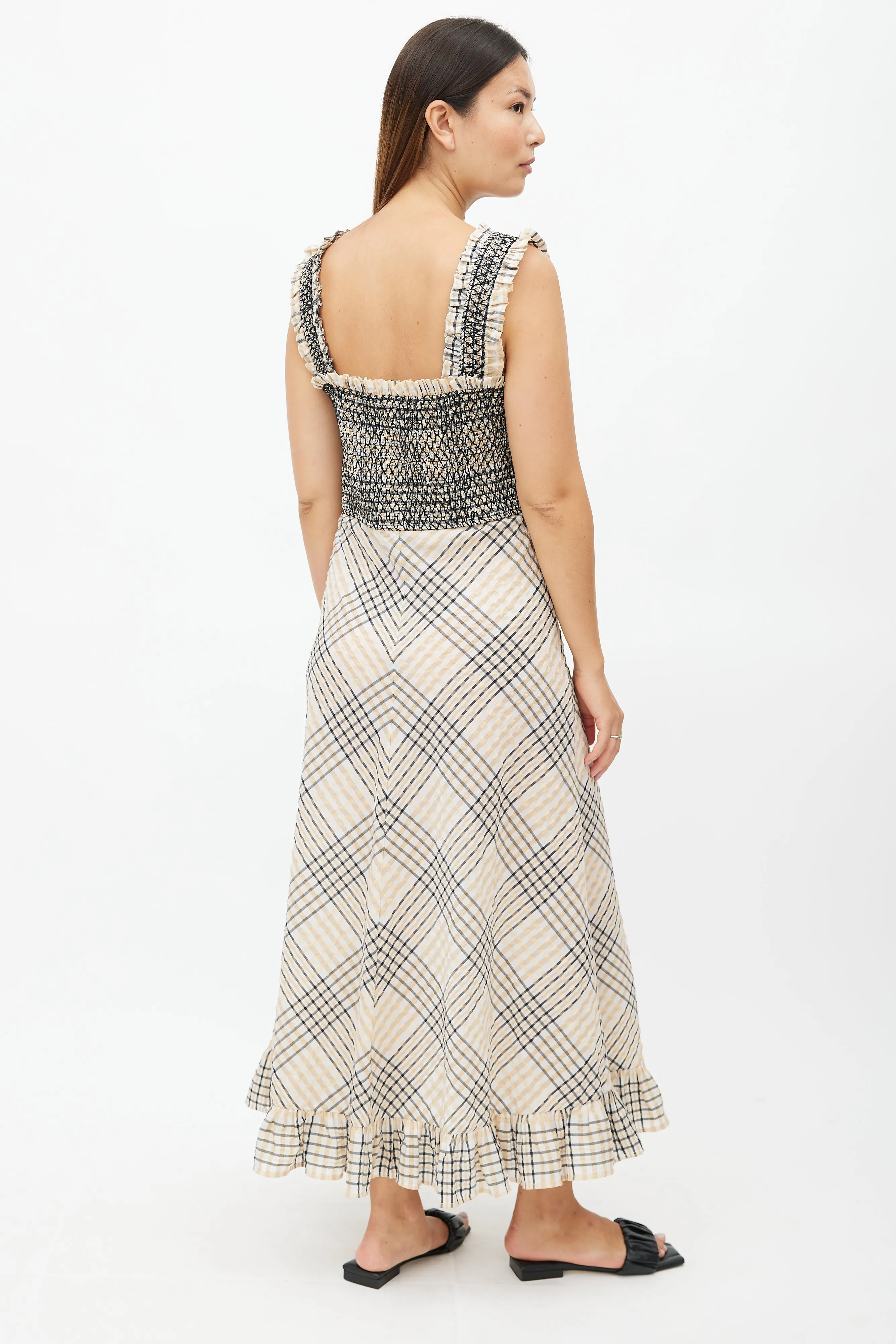 Beige & Multicolour Plaid Seersucker Dress