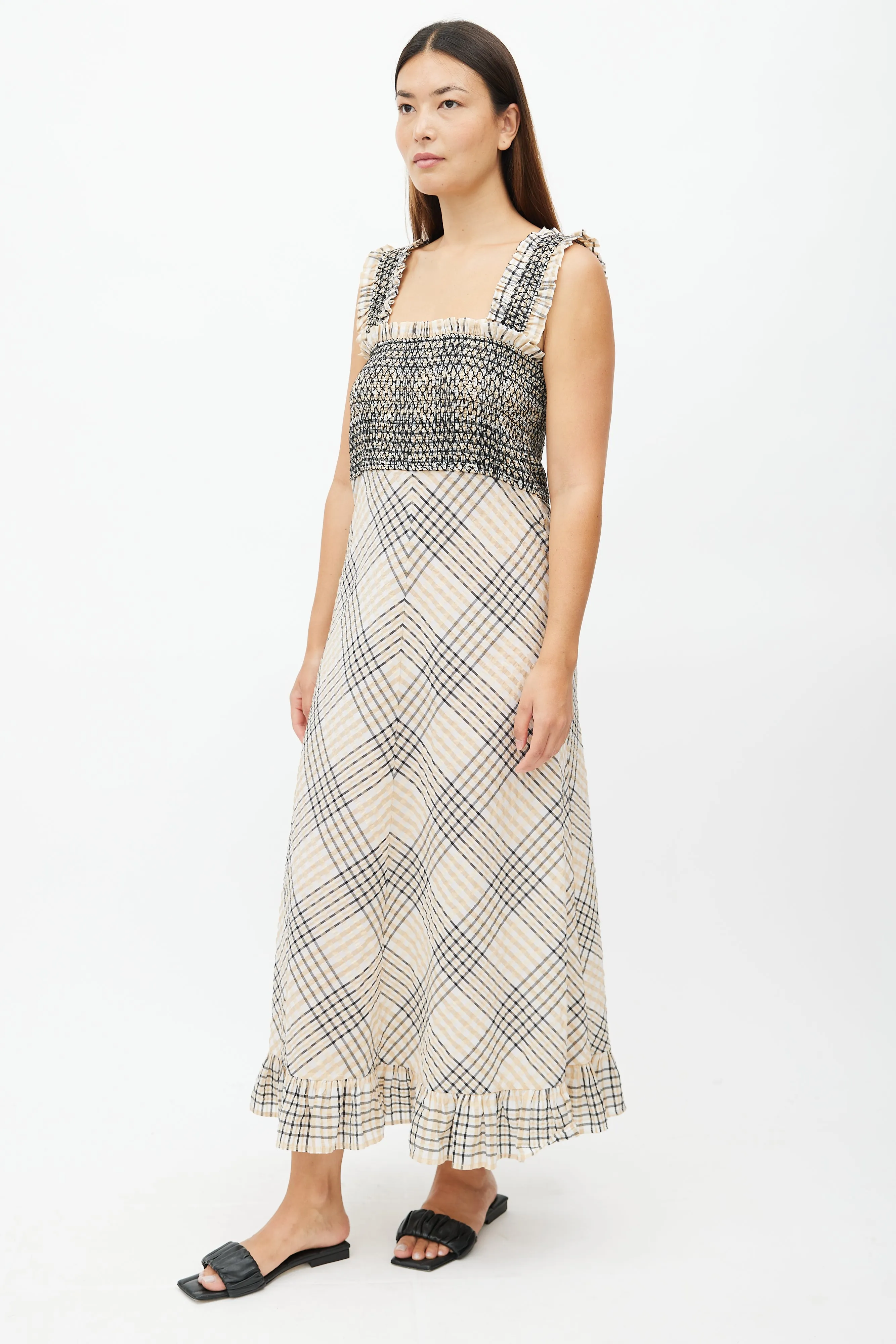 Beige & Multicolour Plaid Seersucker Dress