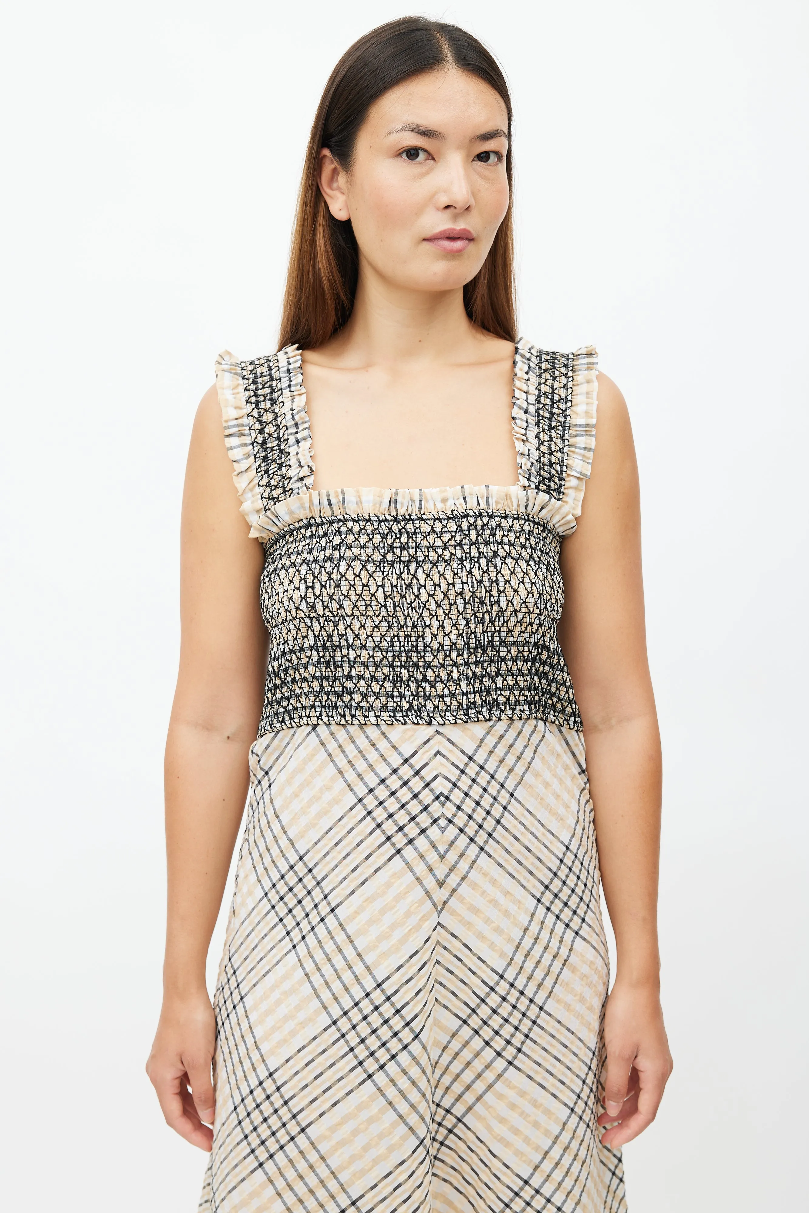 Beige & Multicolour Plaid Seersucker Dress