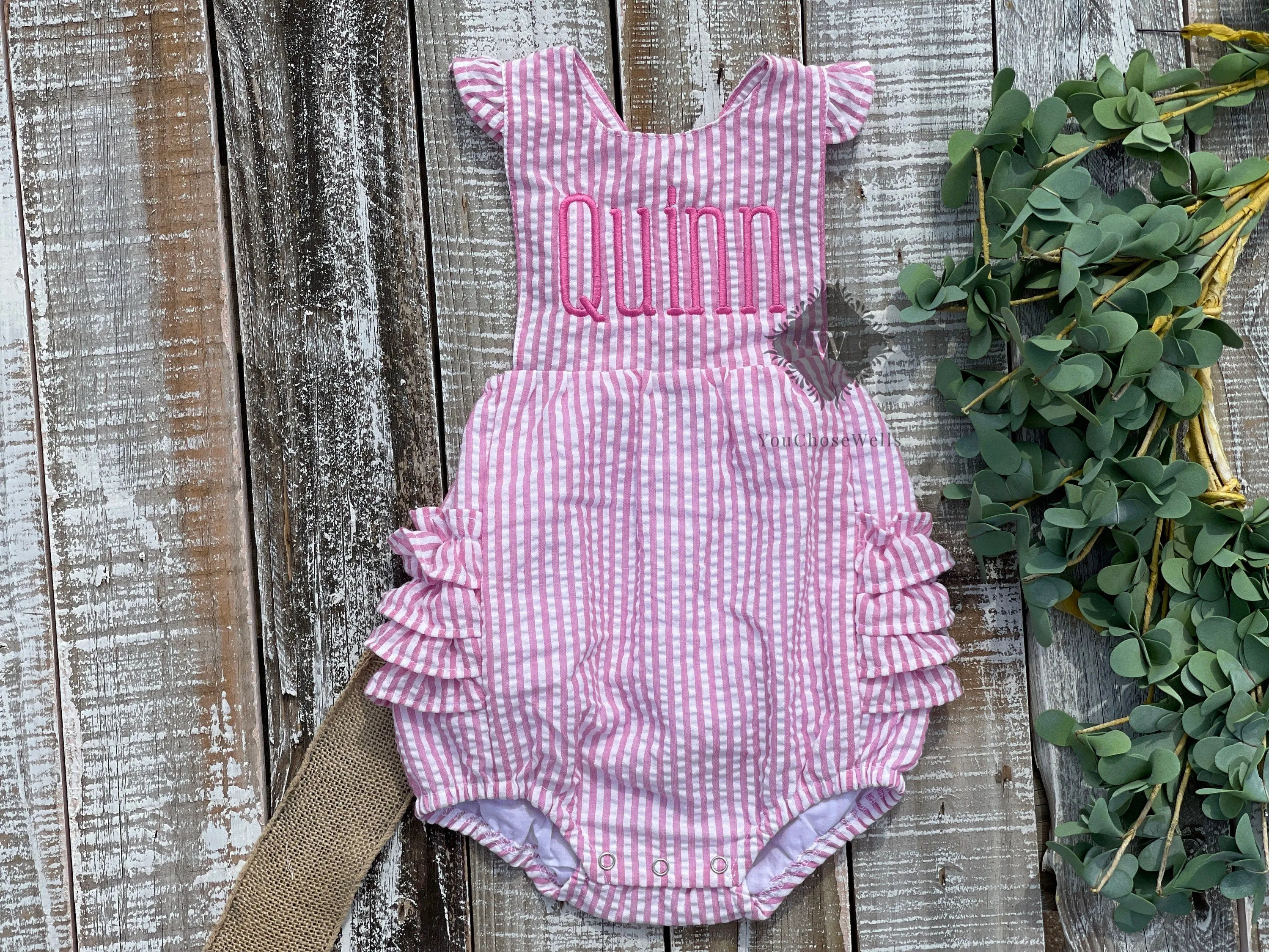 Custom, Embroidered, Girl, Monogrammed Seersucker Ruffle Bubble, Ruffle Sunsuit, Baby Girl Bubble, Little Girl Bubble, Game Day Bubble