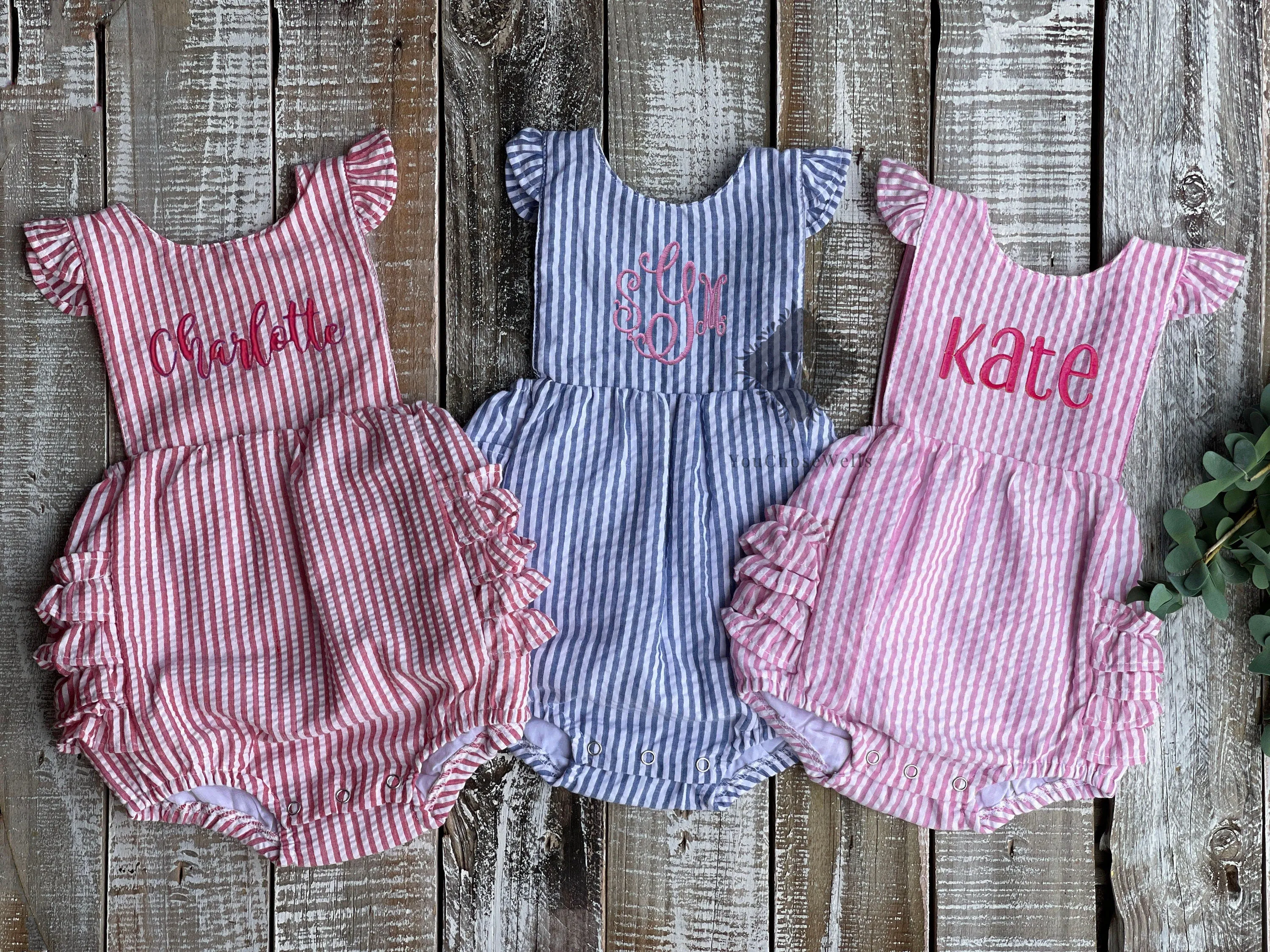 Custom, Embroidered, Girl, Monogrammed Seersucker Ruffle Bubble, Ruffle Sunsuit, Baby Girl Bubble, Little Girl Bubble, Game Day Bubble