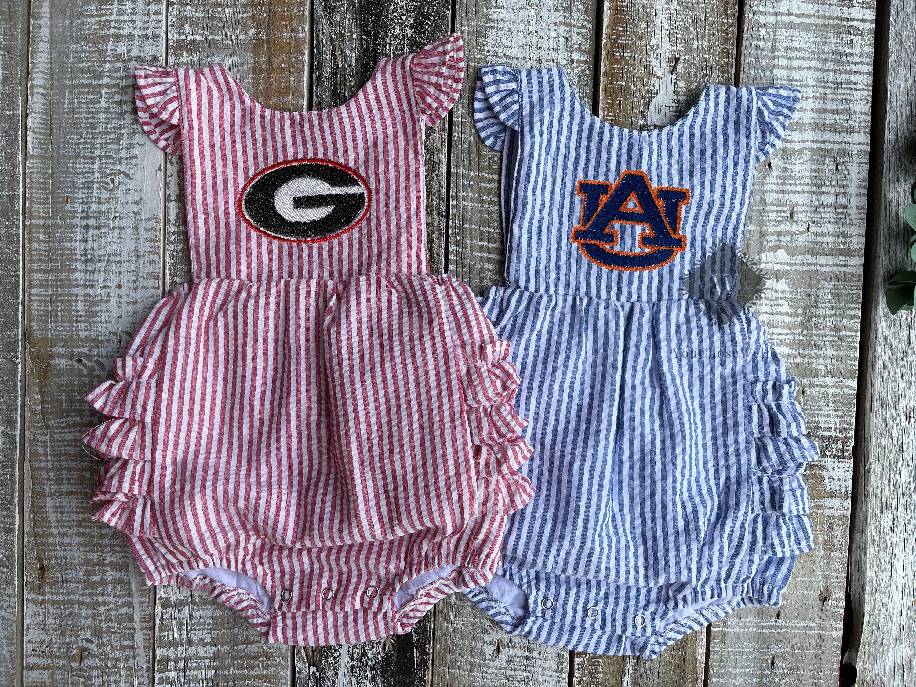 Custom, Embroidered, Girl, Monogrammed Seersucker Ruffle Bubble, Ruffle Sunsuit, Baby Girl Bubble, Little Girl Bubble, Game Day Bubble
