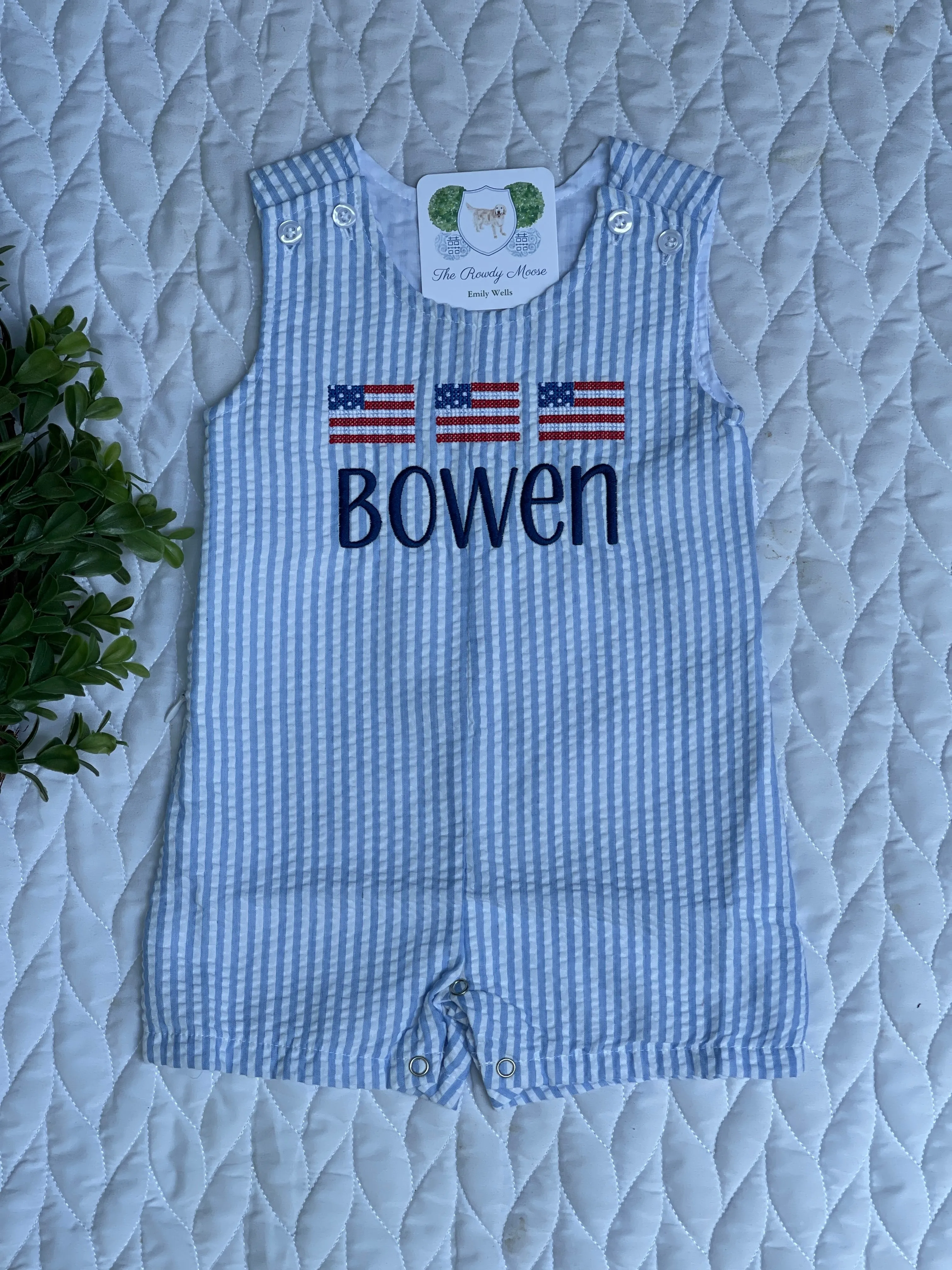 Custom, Embroidered, Monogrammed, Personalized American Flag Cross Stitch Trio Light Blue Seersucker Bubble, Jon Jon, Flutter Dress, Shirt and Short Set