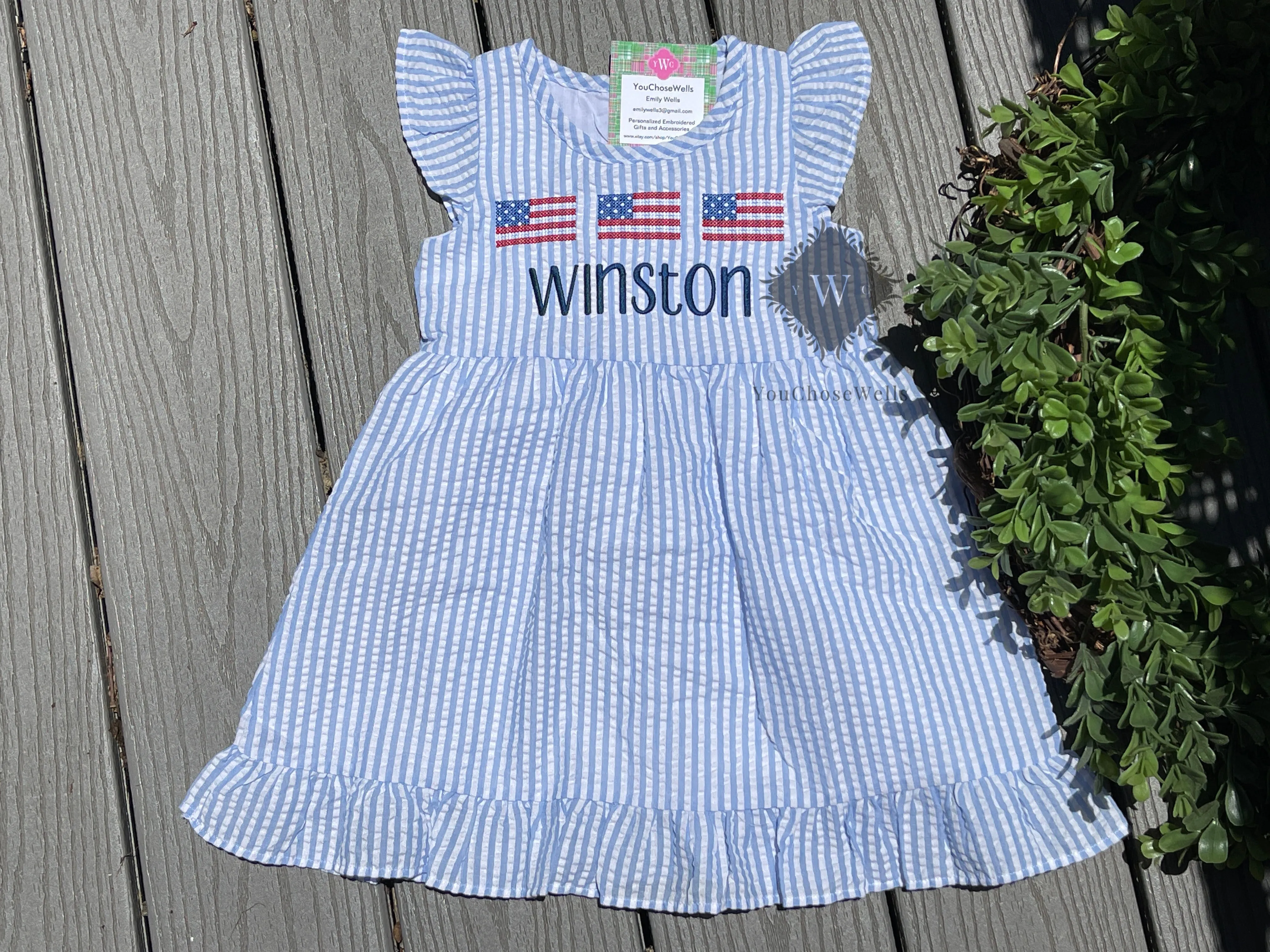 Custom, Embroidered, Monogrammed, Personalized American Flag Cross Stitch Trio Light Blue Seersucker Bubble, Jon Jon, Flutter Dress, Shirt and Short Set