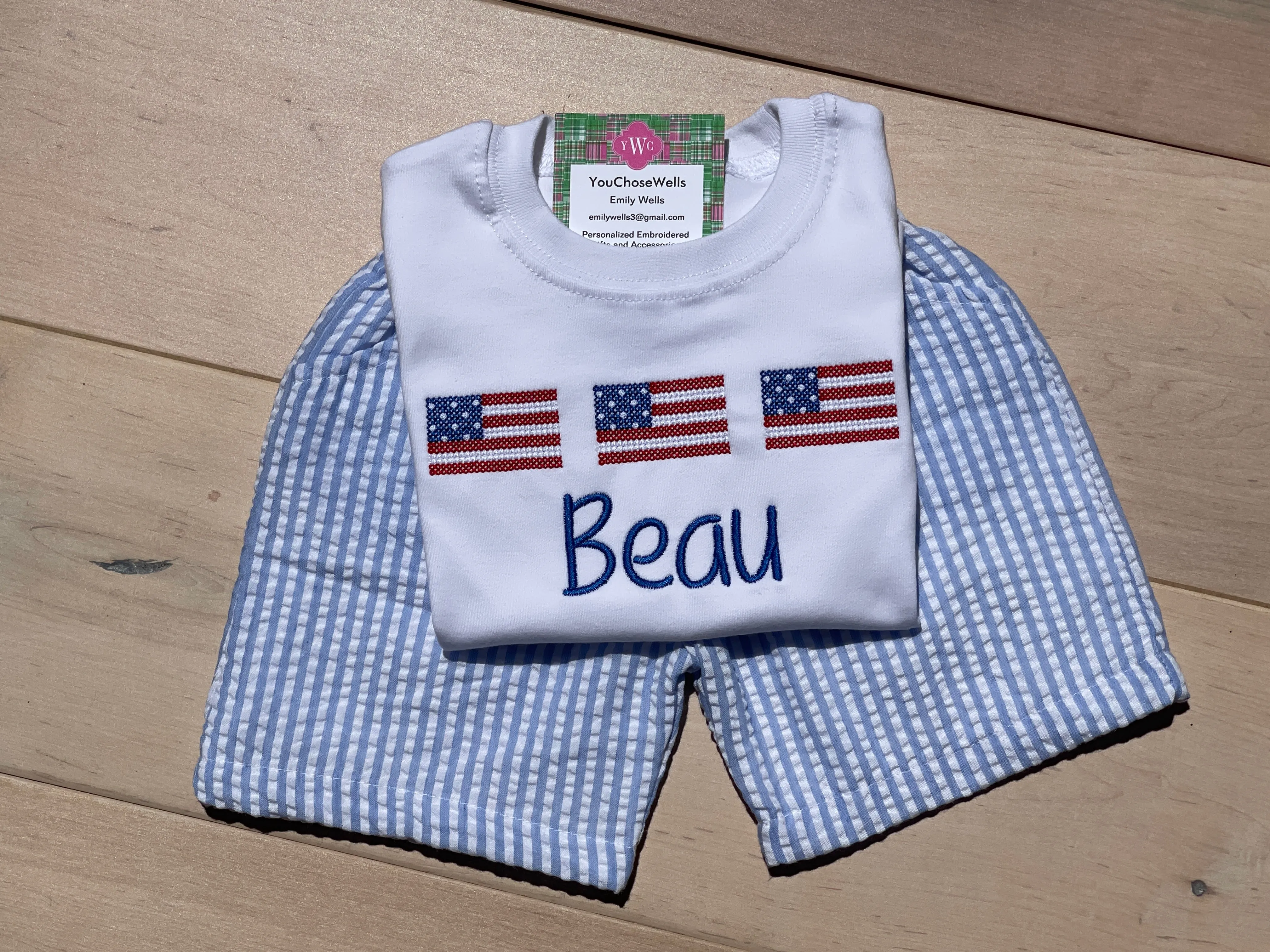 Custom, Embroidered, Monogrammed, Personalized American Flag Cross Stitch Trio Light Blue Seersucker Bubble, Jon Jon, Flutter Dress, Shirt and Short Set