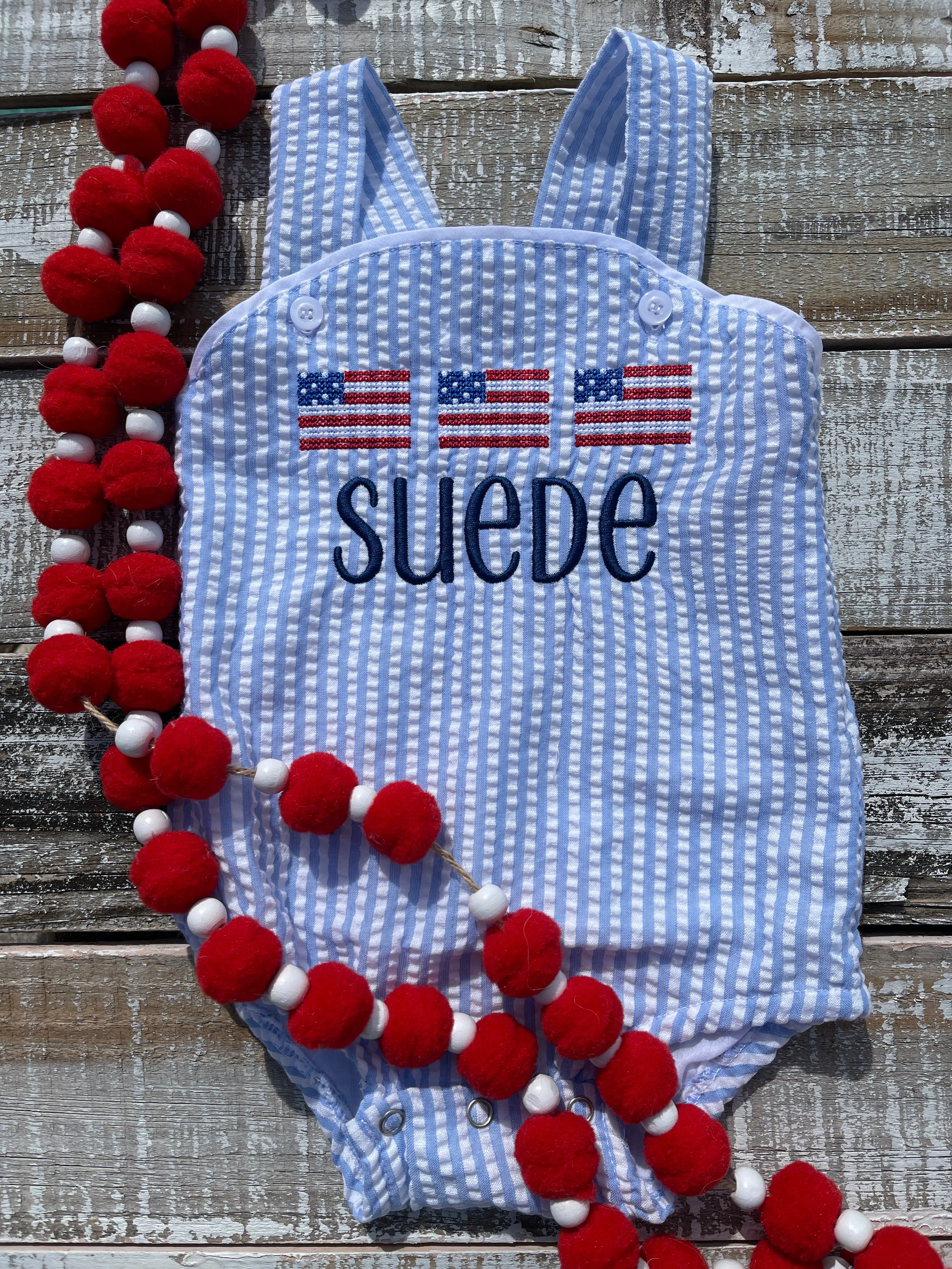 Custom, Embroidered, Monogrammed, Personalized American Flag Cross Stitch Trio Light Blue Seersucker Bubble, Jon Jon, Flutter Dress, Shirt and Short Set