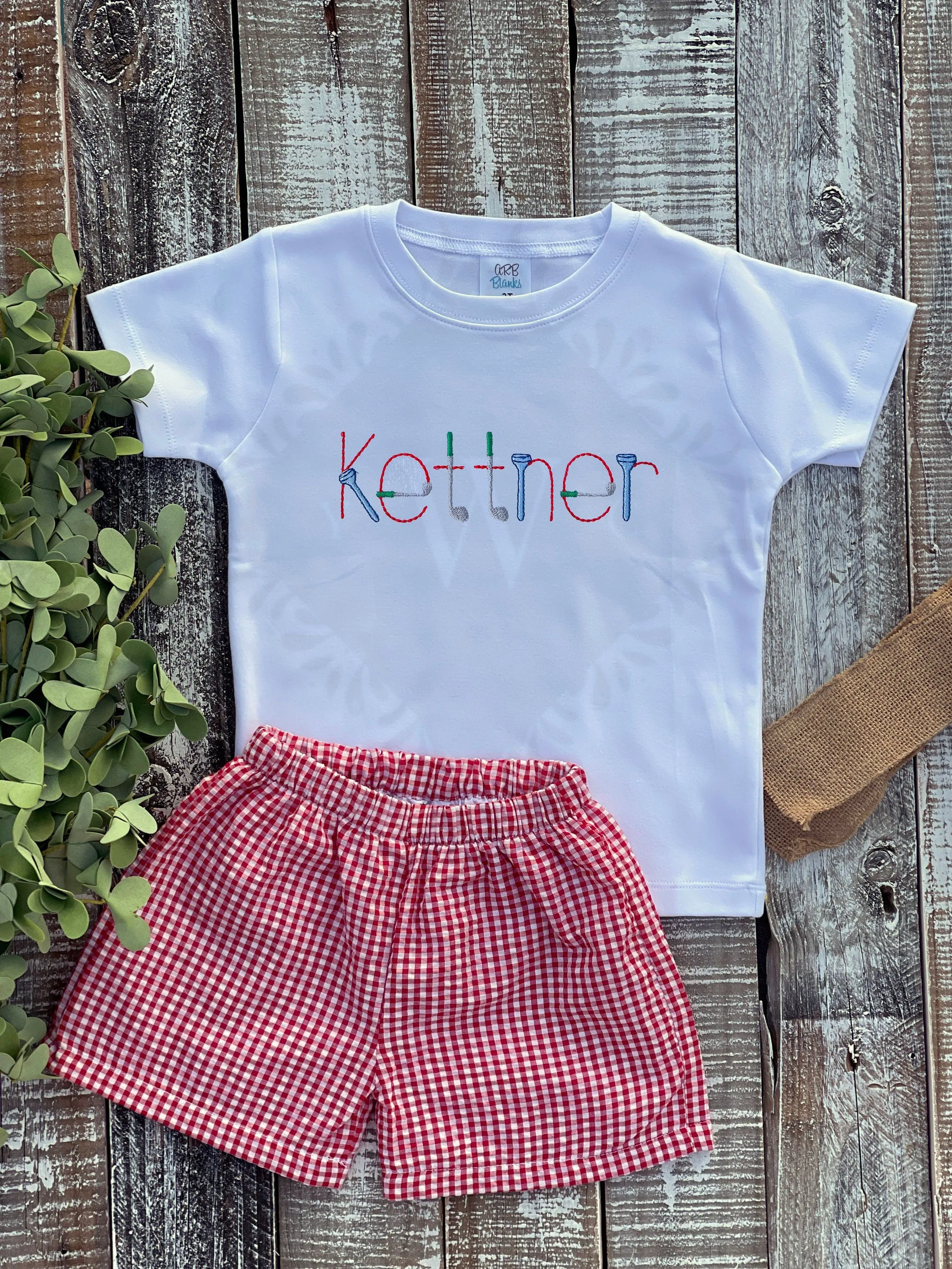 Custom Embroidered, Monogrammed, Personalized Golf Name Shirt and Red, Navy, and Blue Seersucker Gingham Short Set