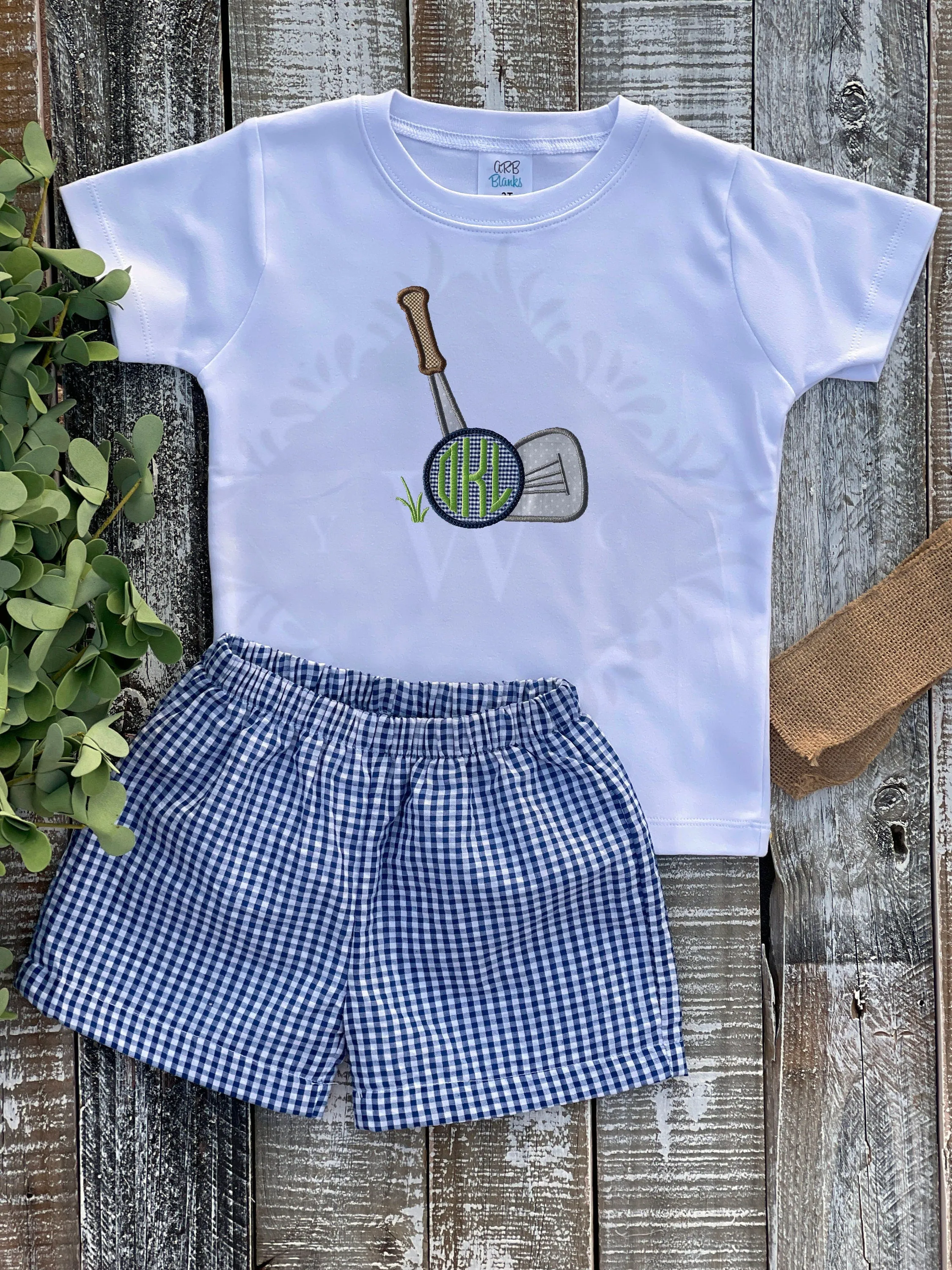 Custom Embroidered, Personalized, Monogrammed Golf Club Applique Shirt and Navy Seersucker Gingham Short Set