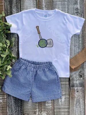 Custom Embroidered, Personalized, Monogrammed Golf Club Applique Shirt and Navy Seersucker Gingham Short Set