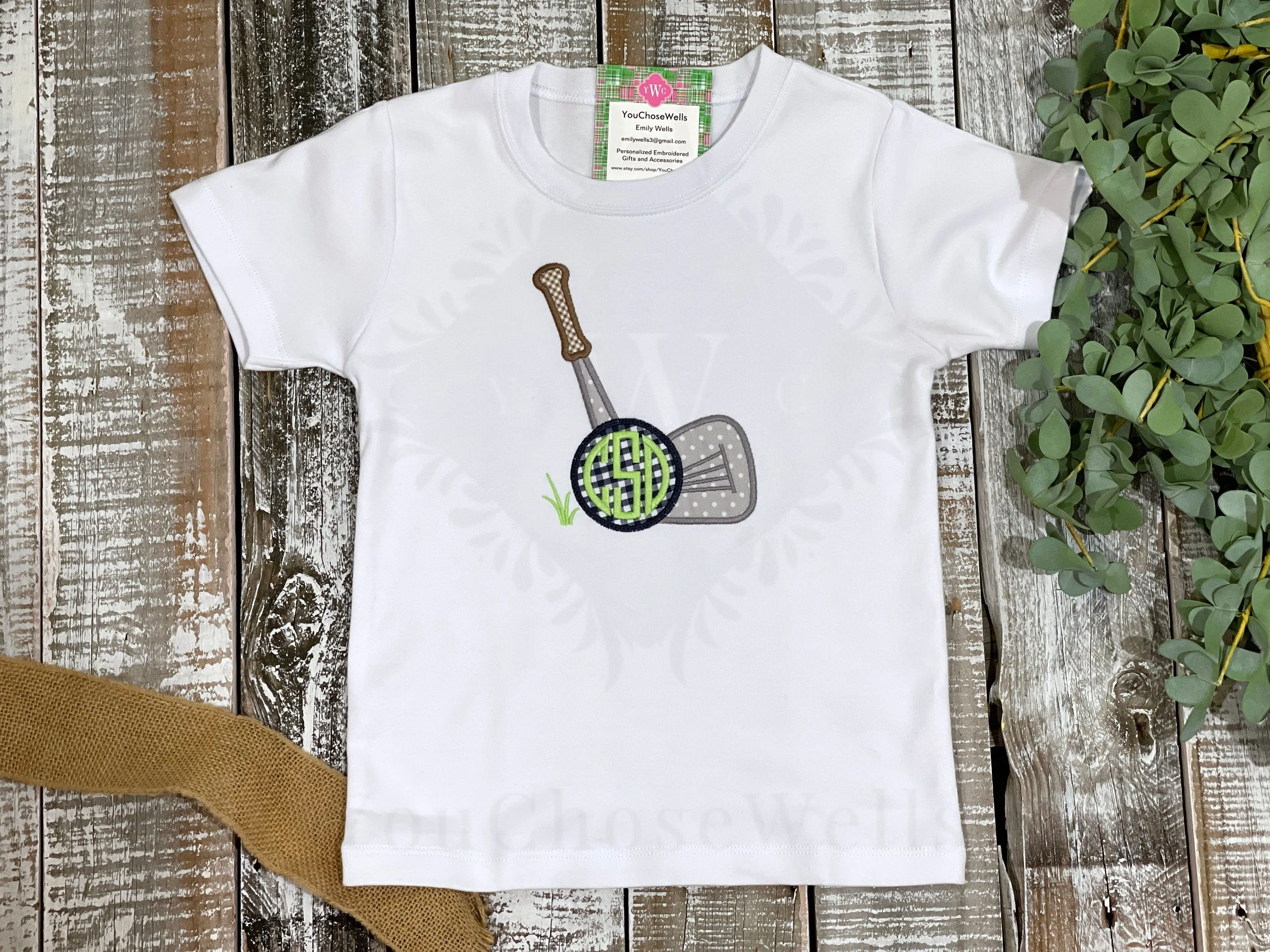 Custom Embroidered, Personalized, Monogrammed Golf Club Applique Shirt and Navy Seersucker Gingham Short Set