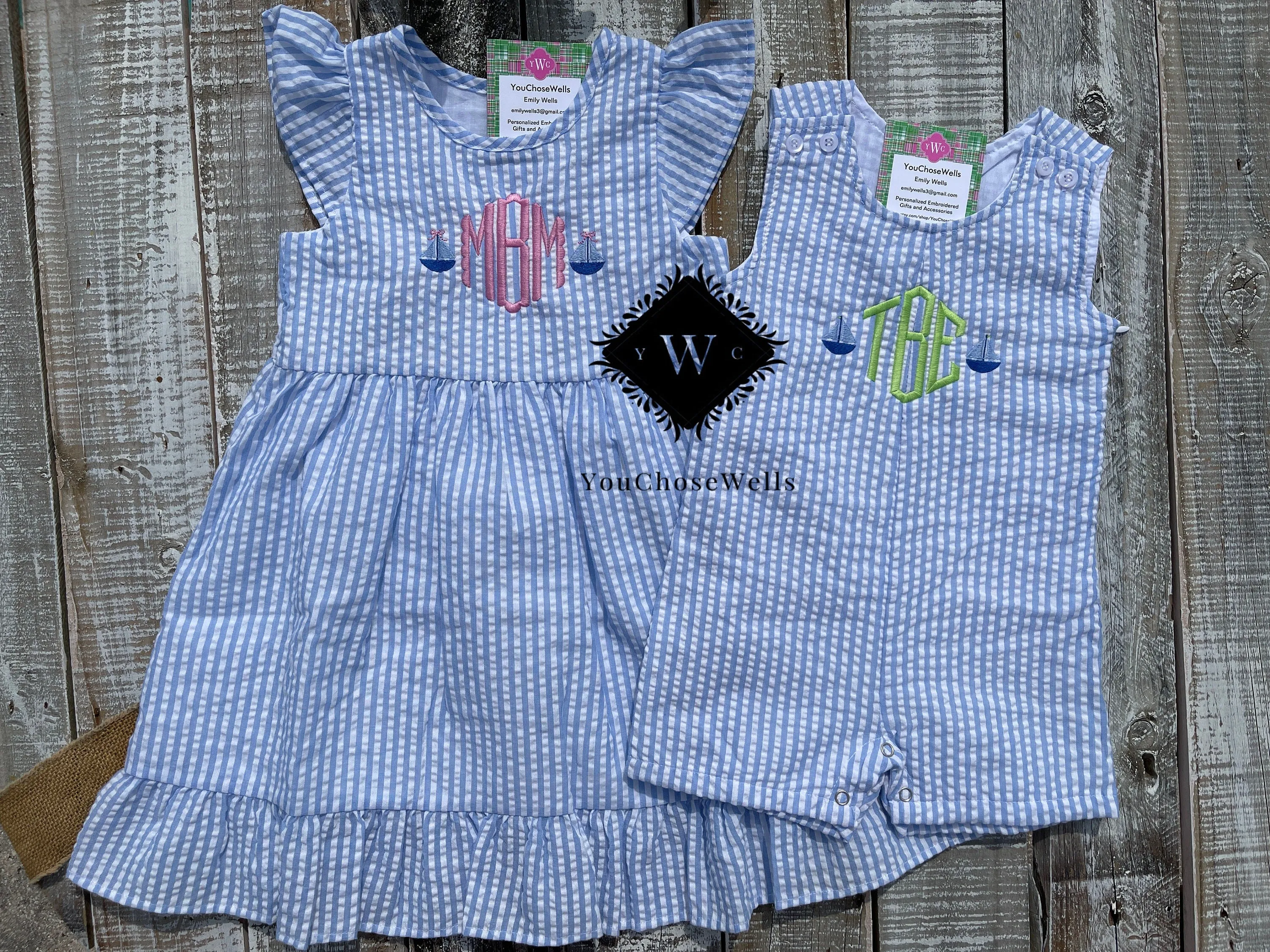 Custom Embroidered, Personalized, Monogrammed Light Blue Seersucker Bubble, Jon Jon, Flutter Dress and Polo Shirt Set