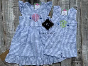 Custom Embroidered, Personalized, Monogrammed Light Blue Seersucker Bubble, Jon Jon, Flutter Dress and Polo Shirt Set