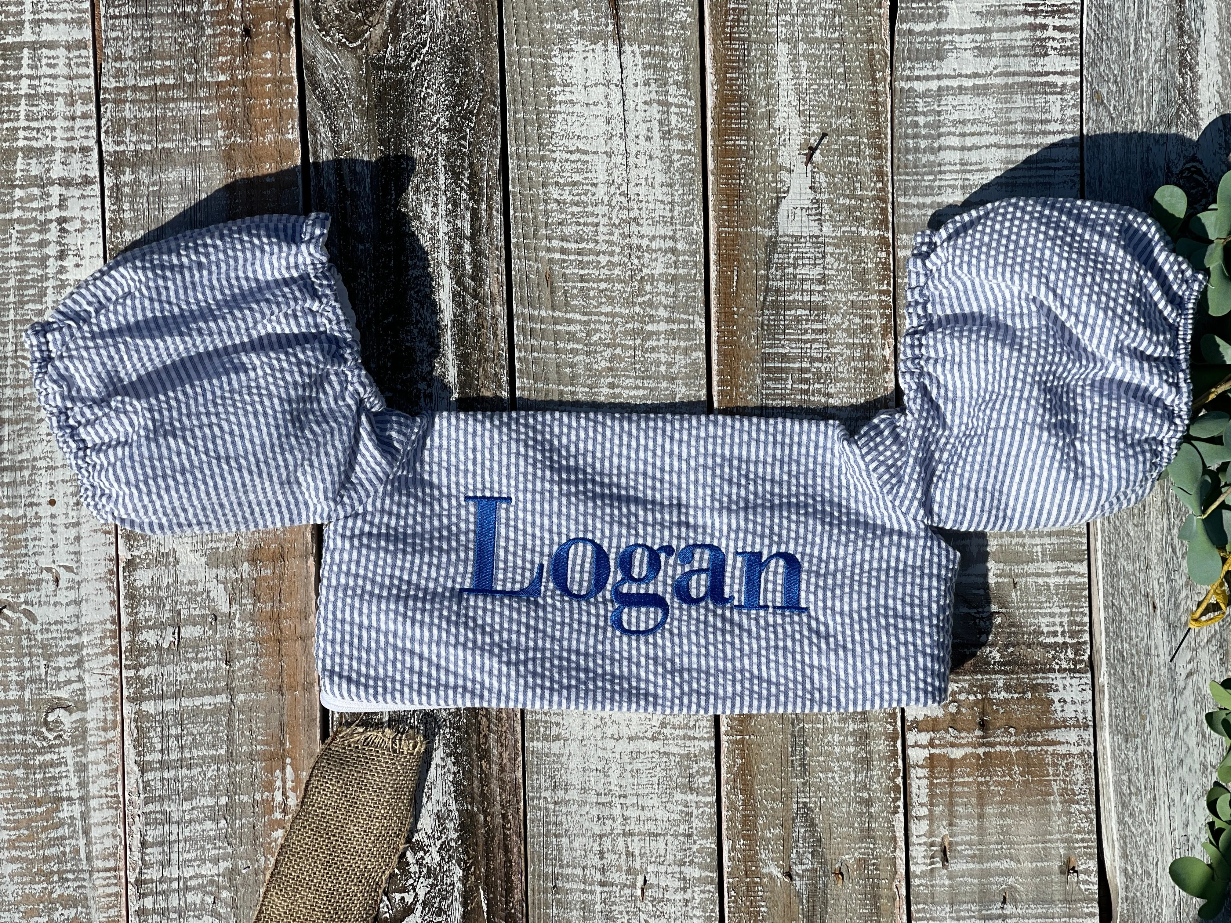 Custom Embroidered, Personalized, Monogrammed Seersucker Towel and Seersucker Puddle Jumper
