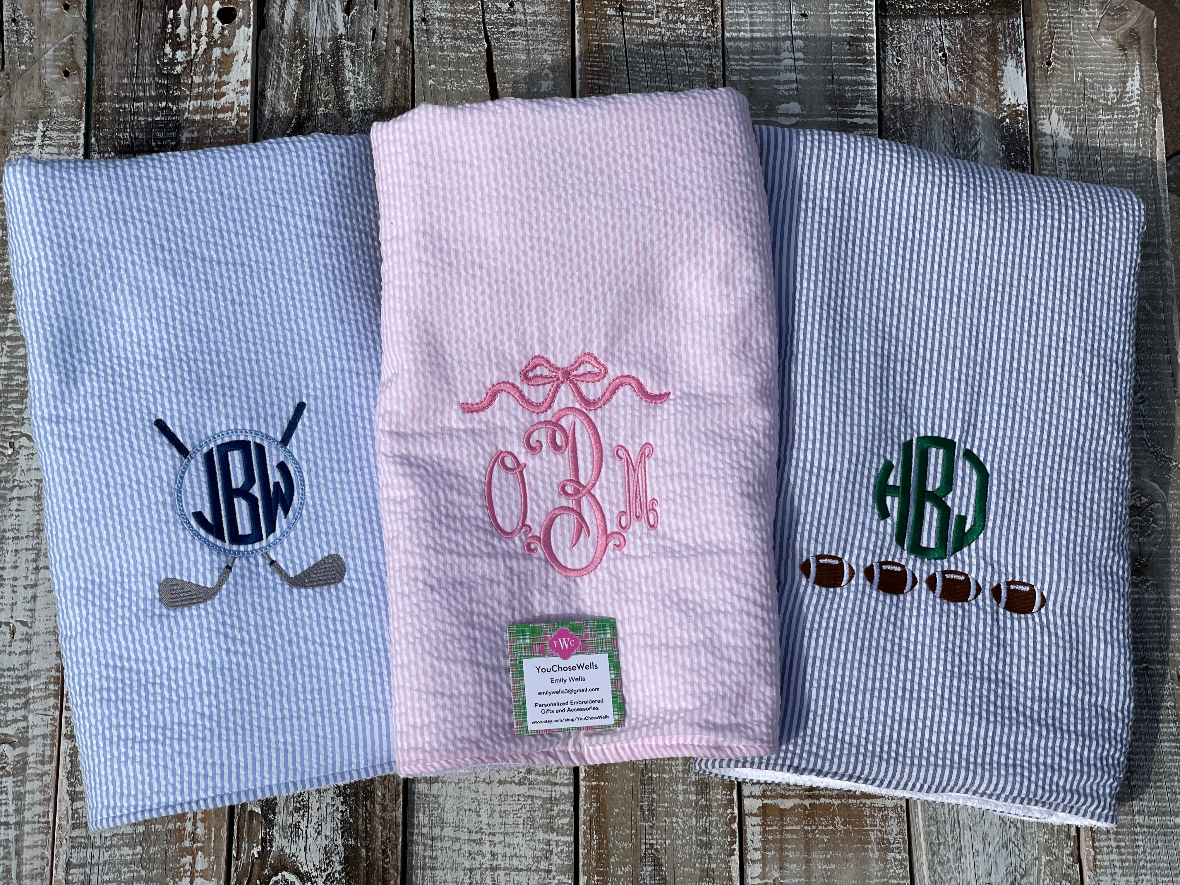 Custom Embroidered, Personalized, Monogrammed Seersucker Towel and Seersucker Puddle Jumper