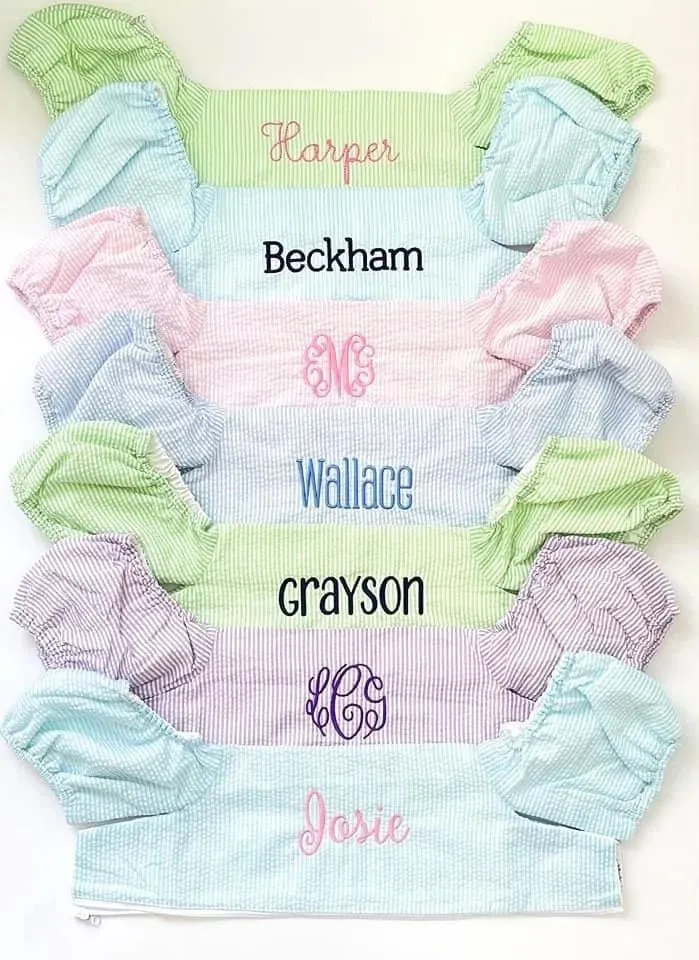 Custom Embroidered, Personalized, Monogrammed Seersucker Towel and Seersucker Puddle Jumper