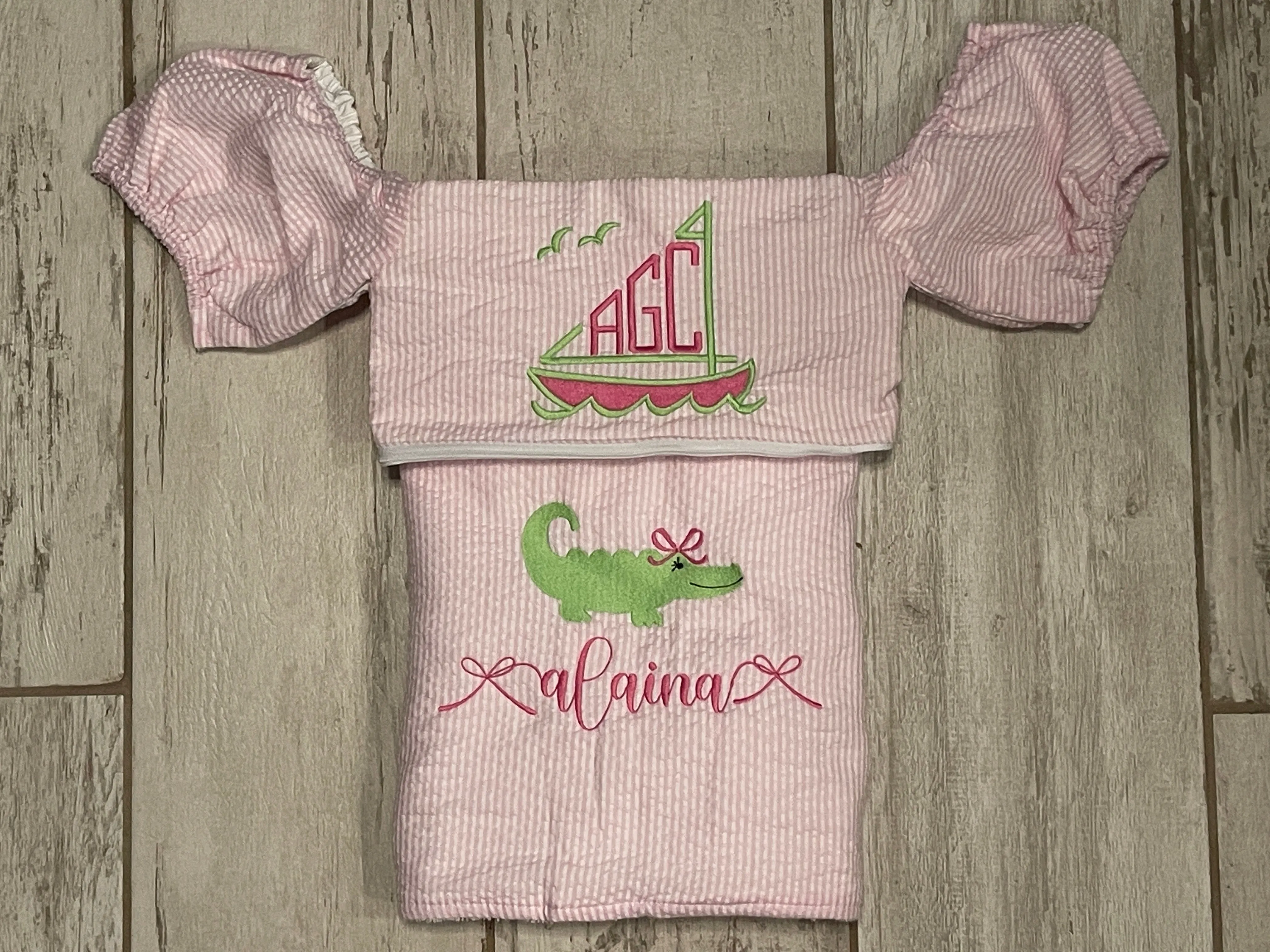 Custom Embroidered, Personalized, Monogrammed Seersucker Towel and Seersucker Puddle Jumper