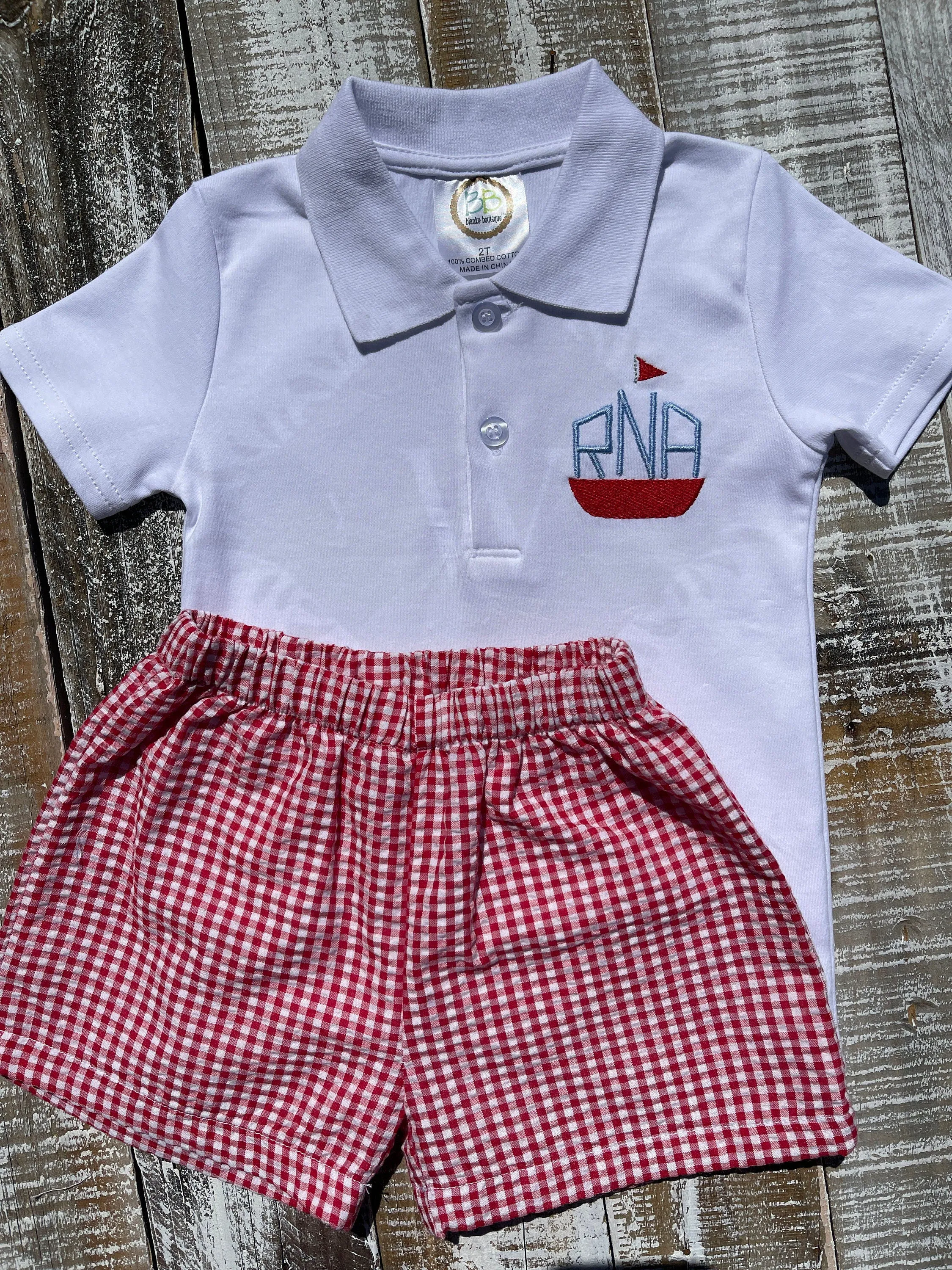 Custom Embroidered, Personalized Sailboat Monogram Polo Shirt and Red or Blue Seersucker Gingham Short Set