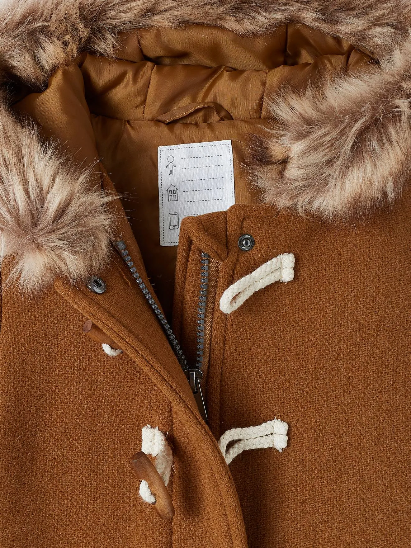 Duffle-coat à capuche en drap de laine fille fermé par brandebourgs camel - Vertbaudet