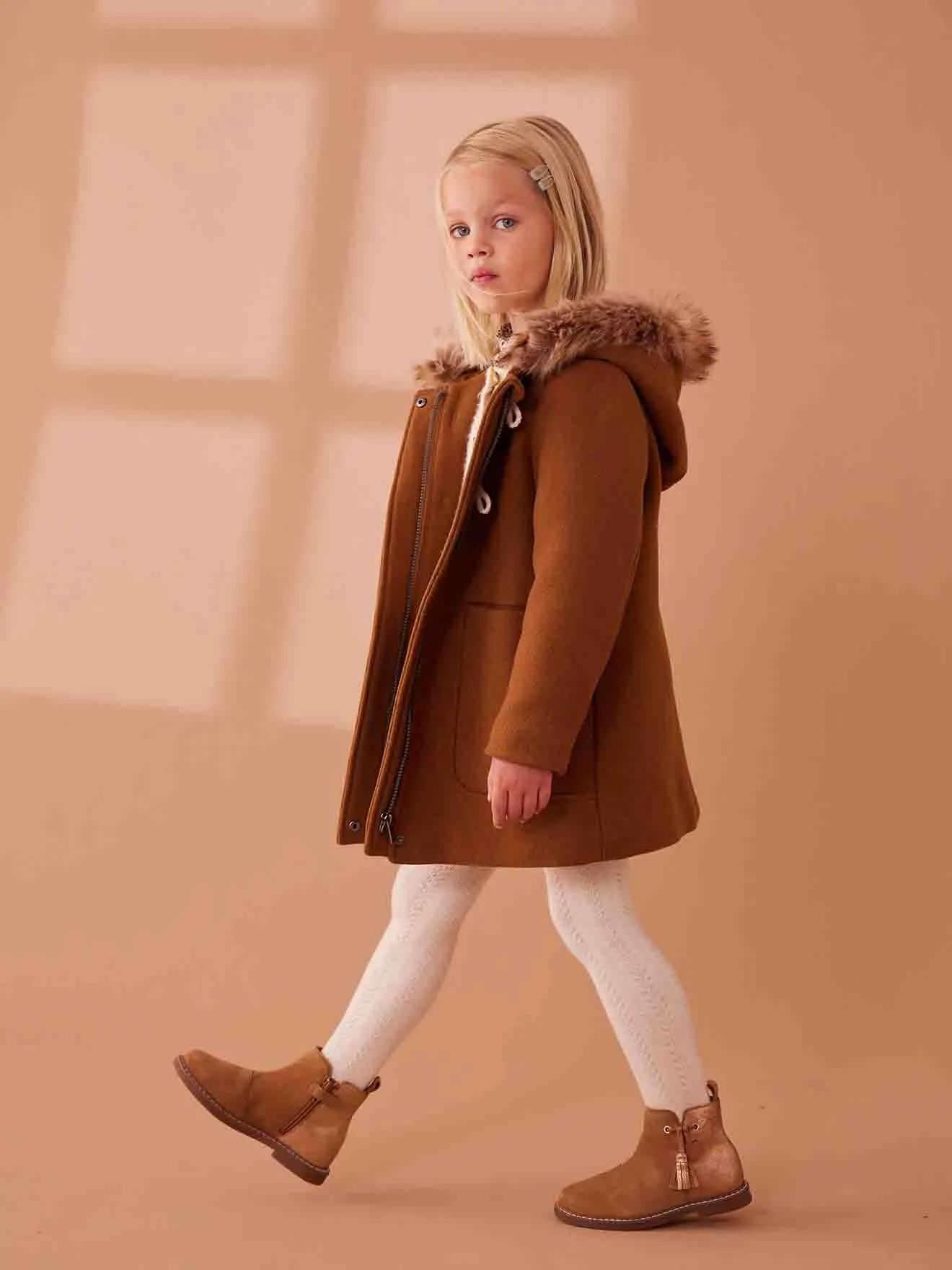 Duffle-coat à capuche en drap de laine fille fermé par brandebourgs camel - Vertbaudet
