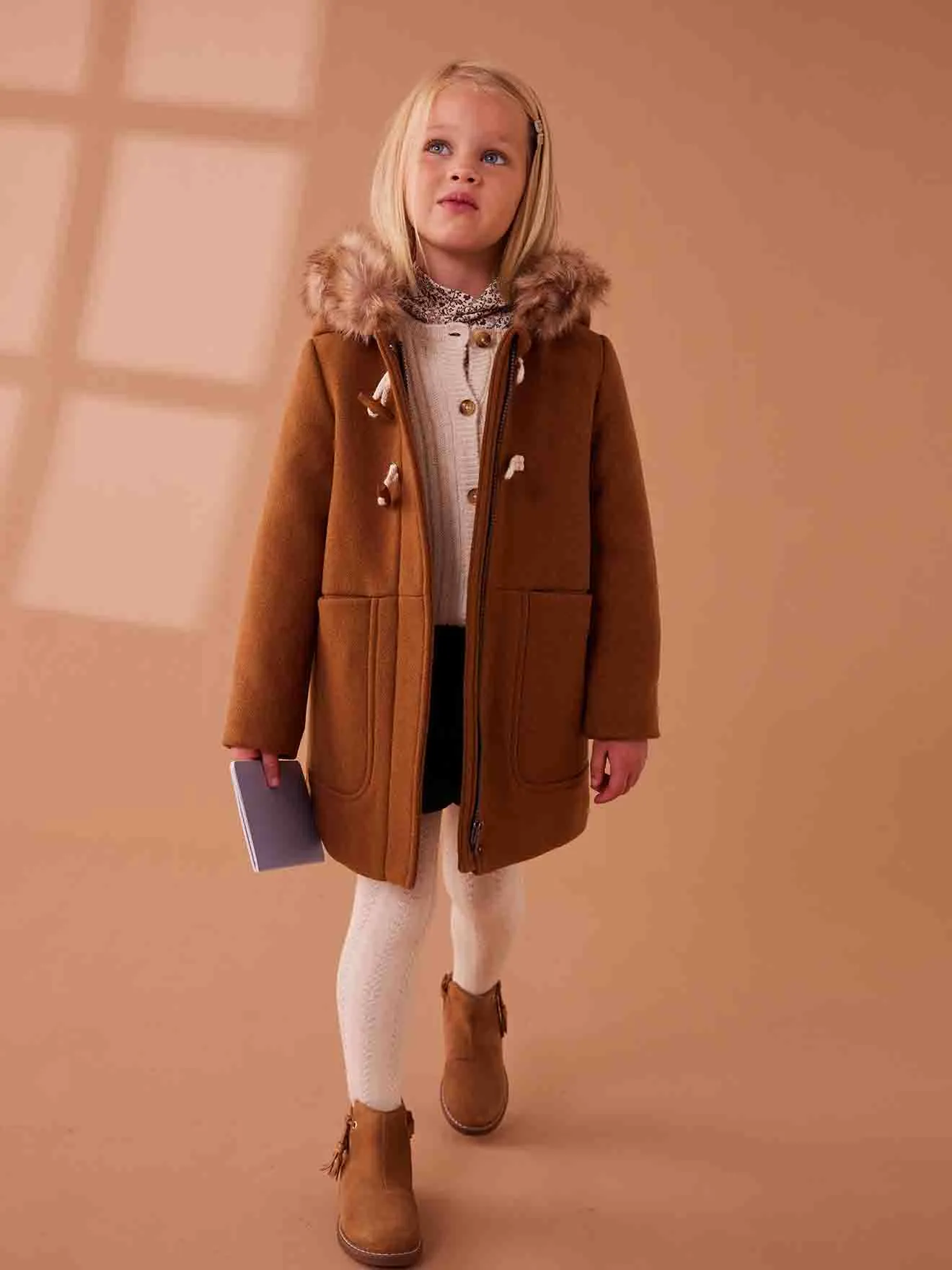 Duffle-coat à capuche en drap de laine fille fermé par brandebourgs camel - Vertbaudet