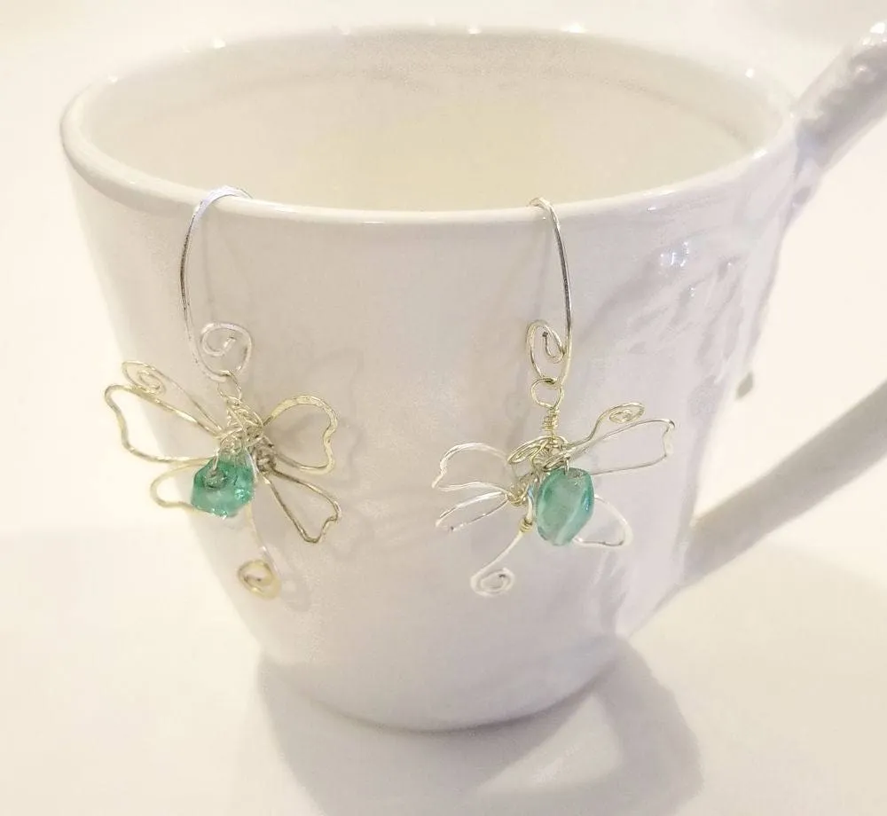 Fairytale Wire Dragonfly Earrings in Sea Green