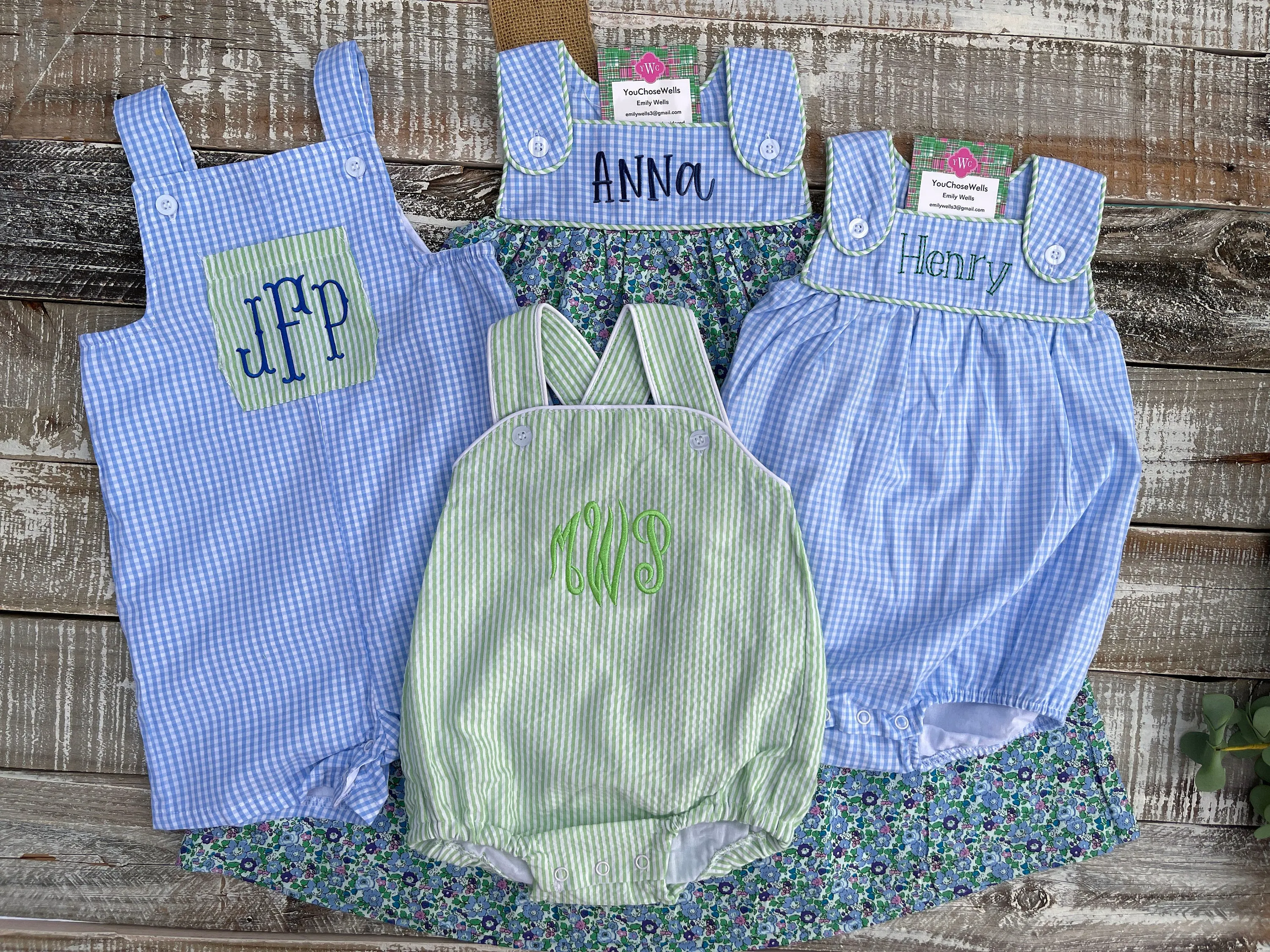 Girl, Boy, Monogrammed Floral Dress and Gingham Bubble, Sibling Sets, Matching Dress & Bubble, Baby, Custom, Embroidered, Personalized