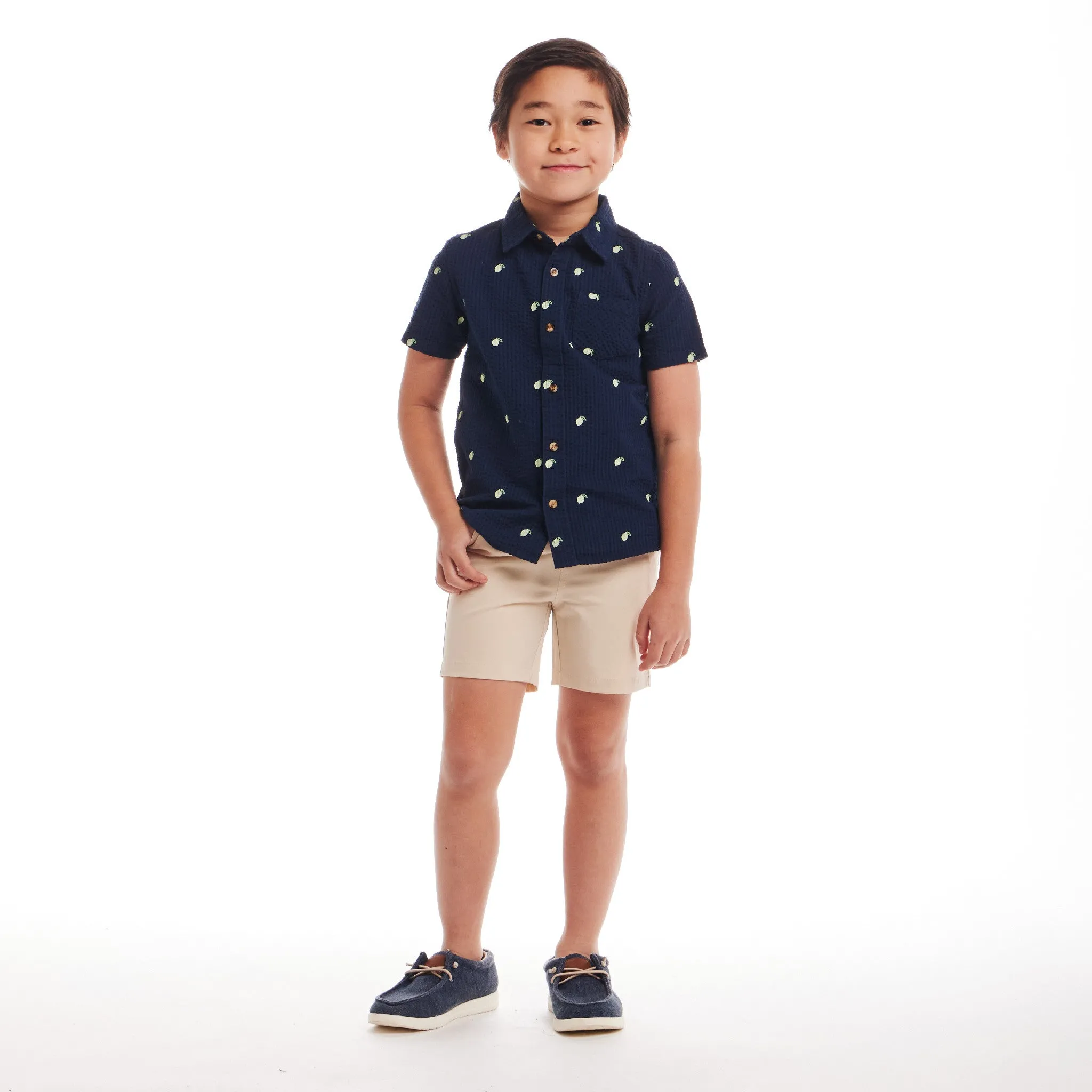 Kids (2-8) Seersucker Short Sleeve Buttondown Set | Navy Limes