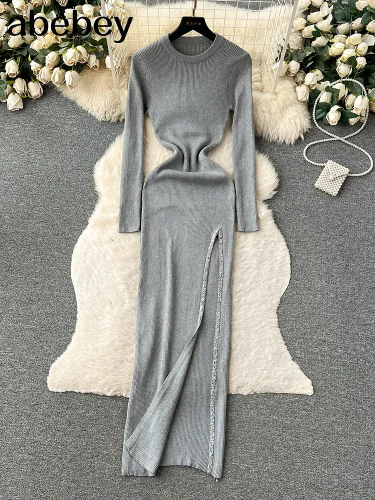 Knit Split Dress O Neck Long Sleeves Slim Fit France