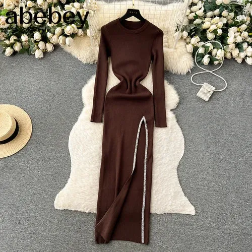Knit Split Dress O Neck Long Sleeves Slim Fit France