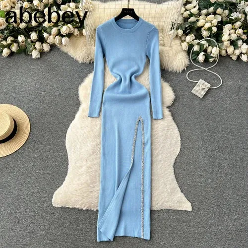 Knit Split Dress O Neck Long Sleeves Slim Fit France