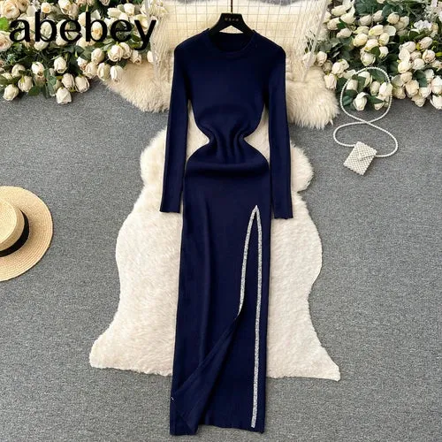 Knit Split Dress O Neck Long Sleeves Slim Fit France