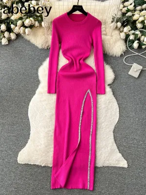 Knit Split Dress O Neck Long Sleeves Slim Fit France
