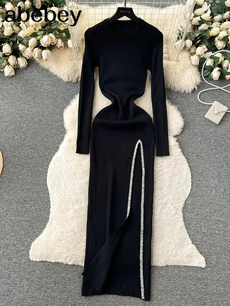 Knit Split Dress O Neck Long Sleeves Slim Fit France