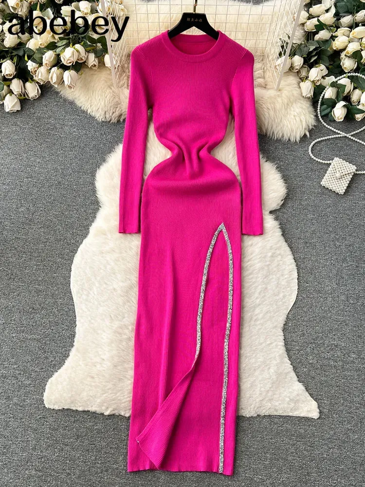 Knit Split Dress O Neck Long Sleeves Slim Fit France