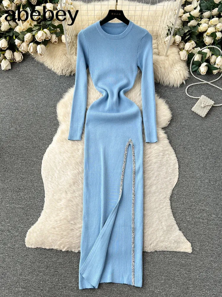 Knit Split Dress O Neck Long Sleeves Slim Fit France
