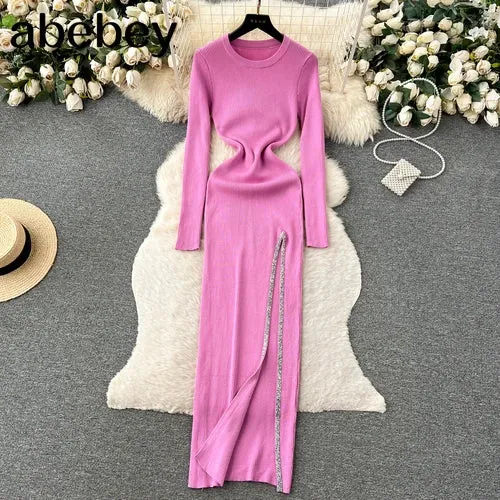 Knit Split Dress O Neck Long Sleeves Slim Fit France