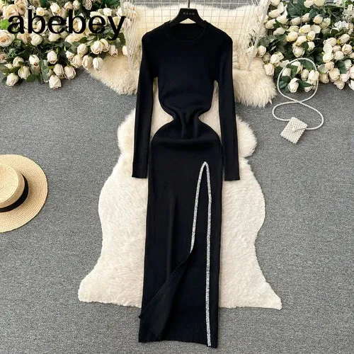 Knit Split Dress O Neck Long Sleeves Slim Fit France