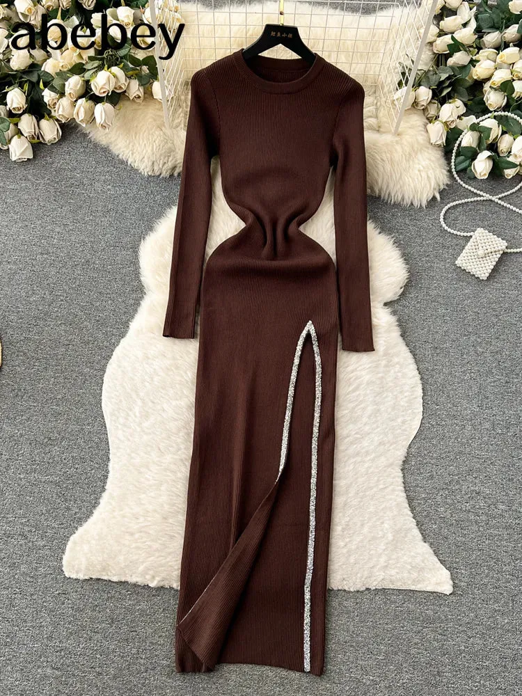 Knit Split Dress O Neck Long Sleeves Slim Fit France