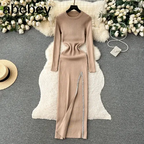 Knit Split Dress O Neck Long Sleeves Slim Fit France