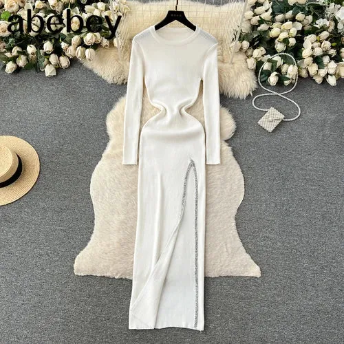 Knit Split Dress O Neck Long Sleeves Slim Fit France