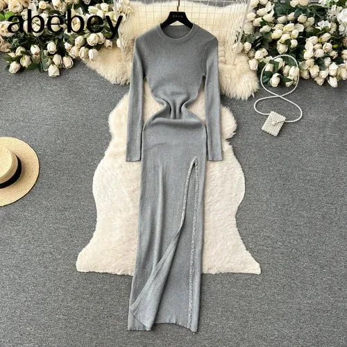 Knit Split Dress O Neck Long Sleeves Slim Fit France