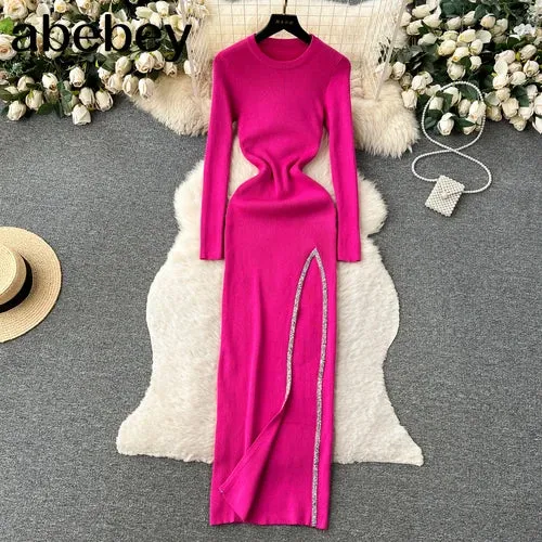 Knit Split Dress O Neck Long Sleeves Slim Fit France