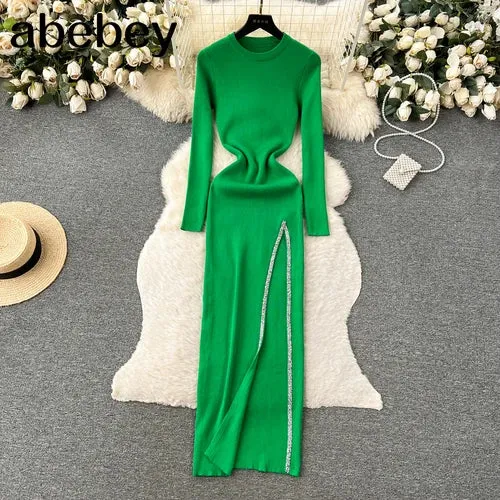 Knit Split Dress O Neck Long Sleeves Slim Fit France